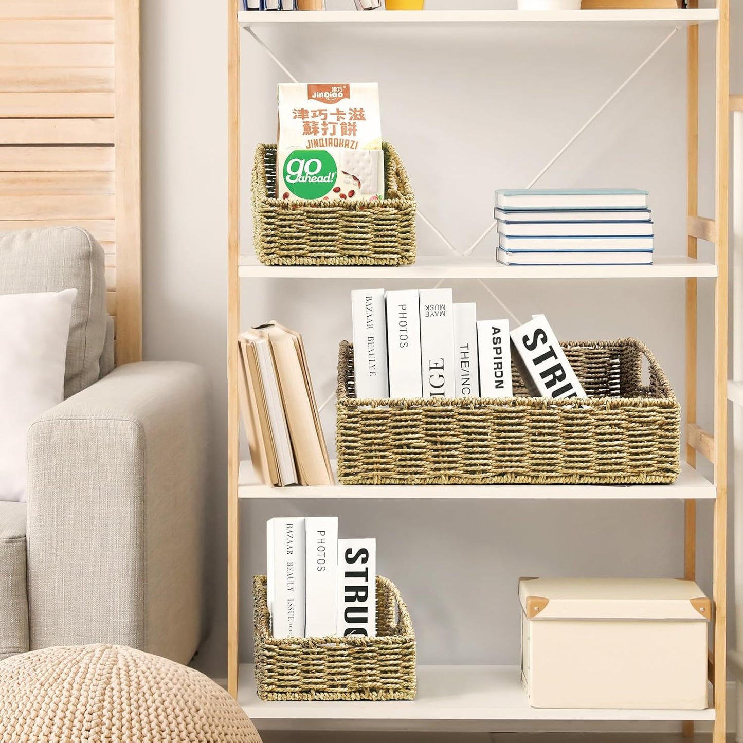 Ollieroo Natural Seagrass Storage Baskets, Handwoven Wicker Storage Bins with Built-in Handles, Storage Container Baskets for Shelves, Bedroom, Bathroom, Laundry Room or Kitchen(Green)