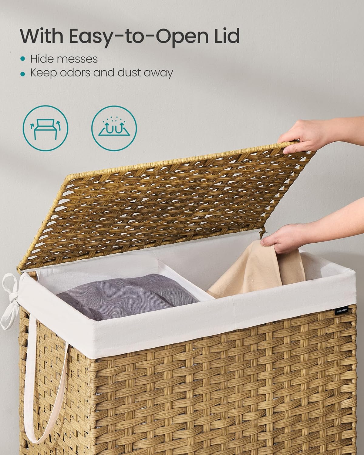 SONGMICS Laundry Hamper with Lid, 42.3 Gallon (160 L) Synthetic Rattan Clothes Laundry Basket with Lid and Handles, Foldable, Removable Liner, Goose Yellow ULCB216Y01