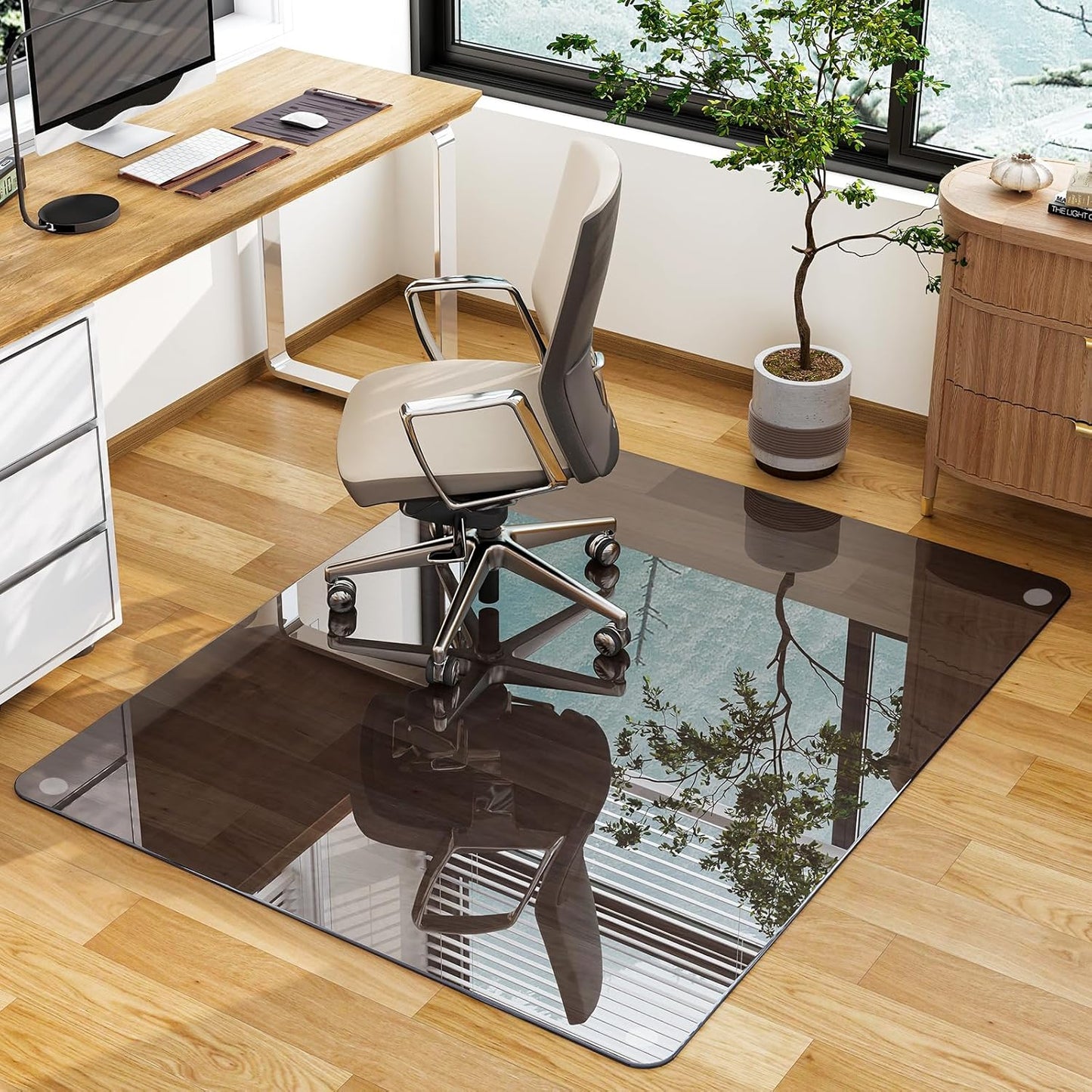 GLSLAND 46" × 55" [Tempered Glass] Chair Mat – Durable Office Chair Mat on Carpet with 0.2" Thickness, 4 Non‑Slip Pads, Sleek & Sturdy Matte Gray Finish, Smooth Glide & Easy Clean, Blue & Grey