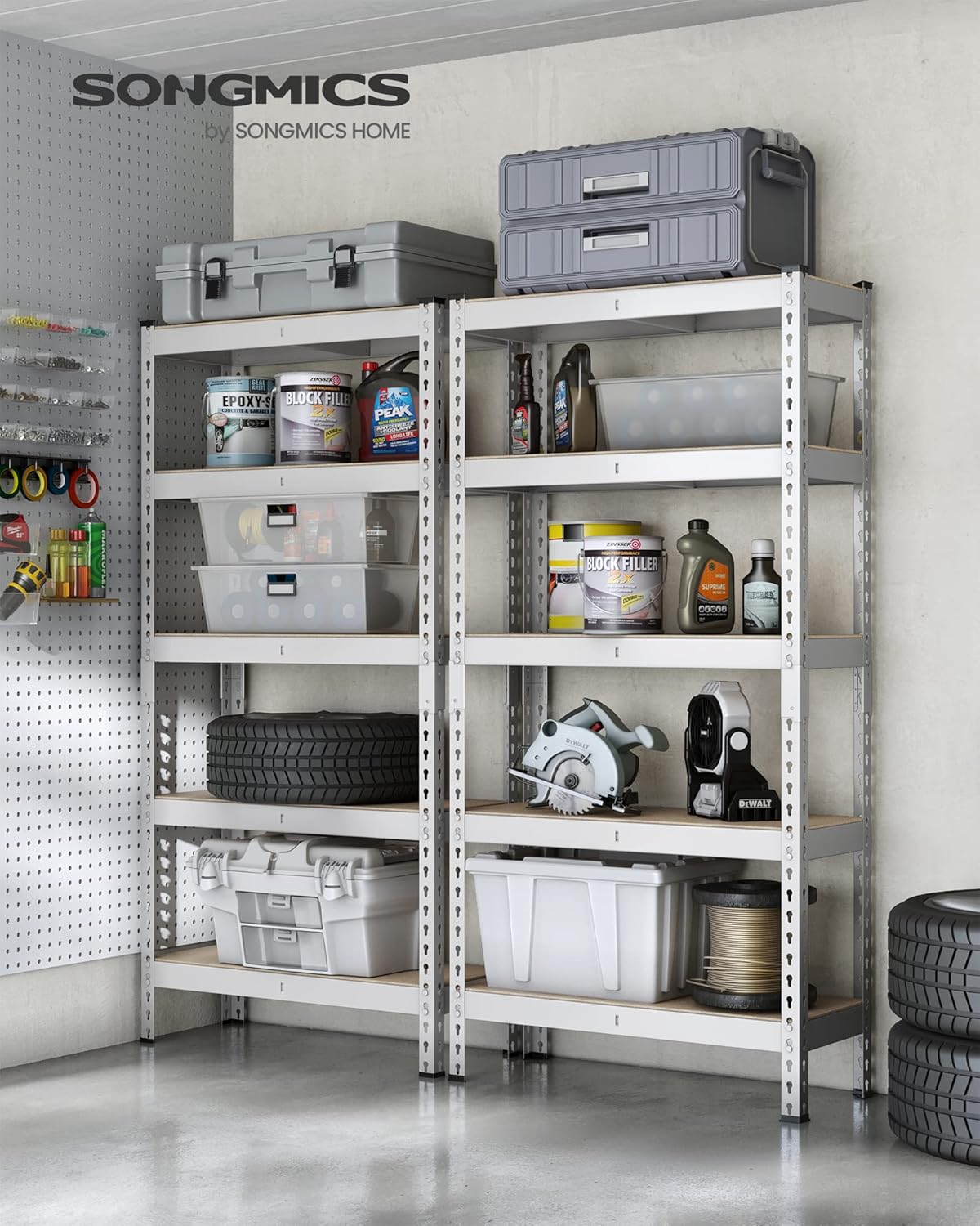 SONGMICS 5-Tier Storage Shelves, Load 2310 lb, Set of 2 Garage Storage, Boltless Assembly, Adjustable Shelving Unit, 11.8 x 29.5 x 59.1 Inches, for Study Shed Basement, Silver UGLR300E02