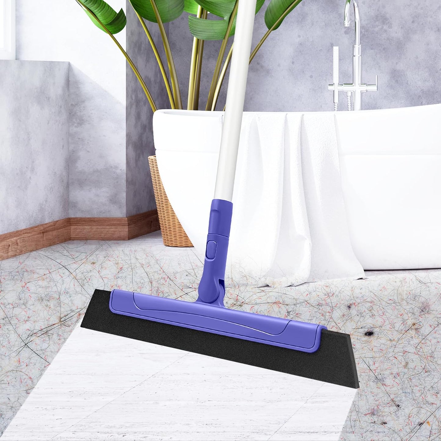 Floor Squeegee for Tile Floor and Shower Glass, Broom Rubber Blade with 48.4" Aluminum Long Handle, Water Blade Foam Pet Hair Wiper for Window Cleaning, Home, Garage, Bathroom, and Kitchen