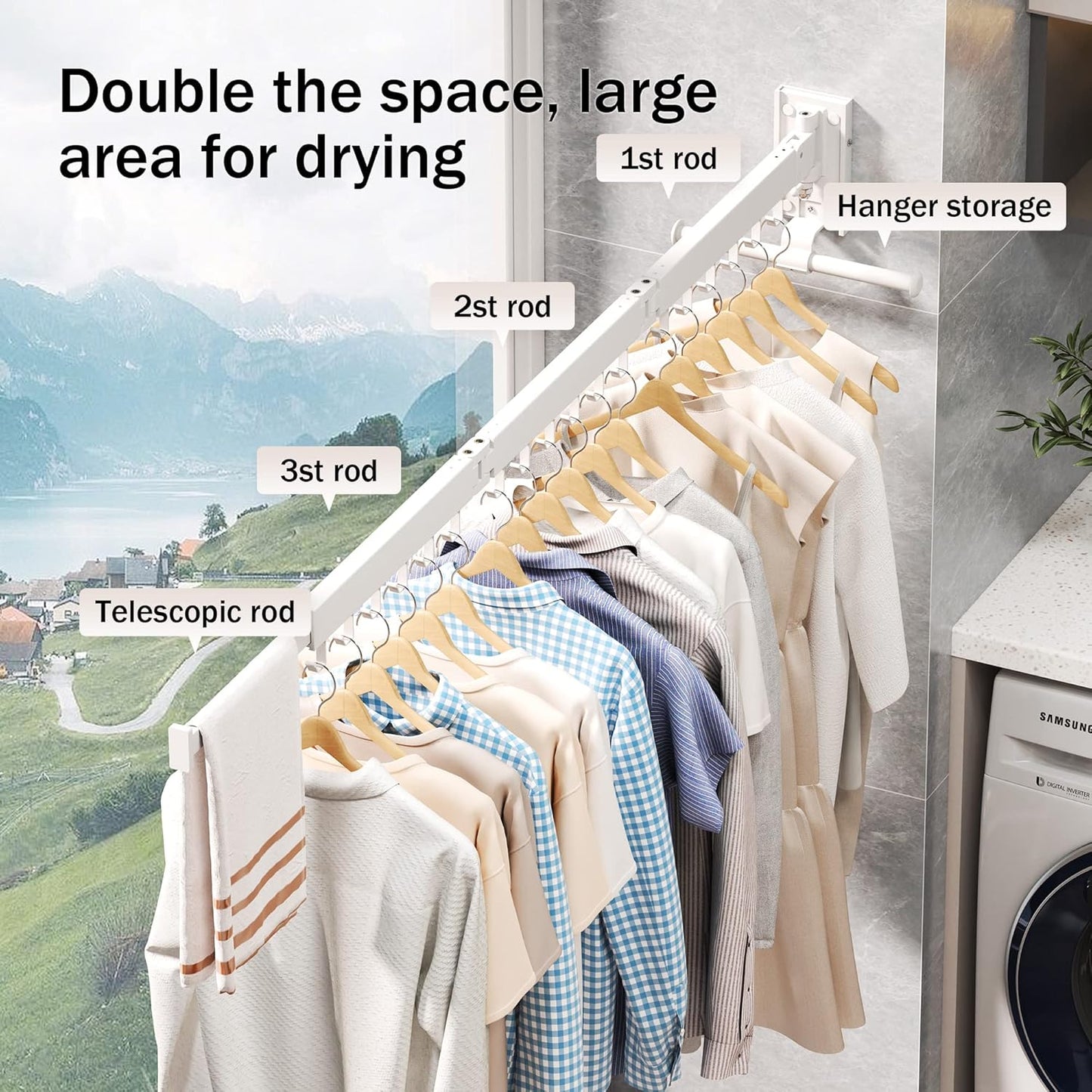 Drying Rack, Wall Mounted Clothes Rack, Aluminum, 220lbs Capacity, Foldable, White