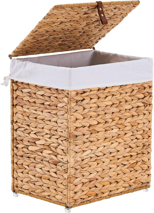 Handwoven Laundry Basket with Lid, Natural Water Hyacinth Storage Basket with Handle, Removable Cotton Liner, Durable and Stylish for Bedroom, Bathroom, Laundry Room