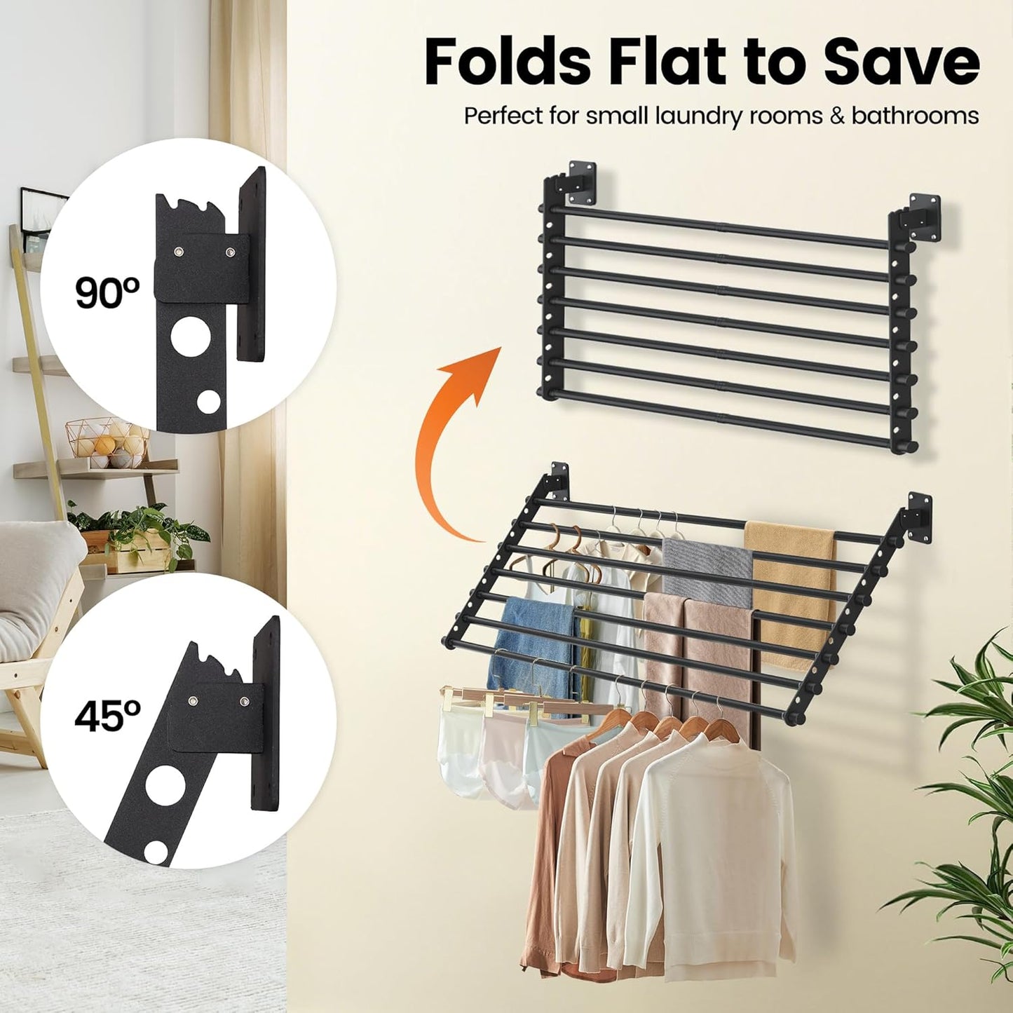 Wall Mounted Clothes Drying Rack 57 Inch – Foldable Laundry Drying Rack for Wall Mount, Space Saving Indoor Drying Rack for Clothes, Compact & Sturdy Design