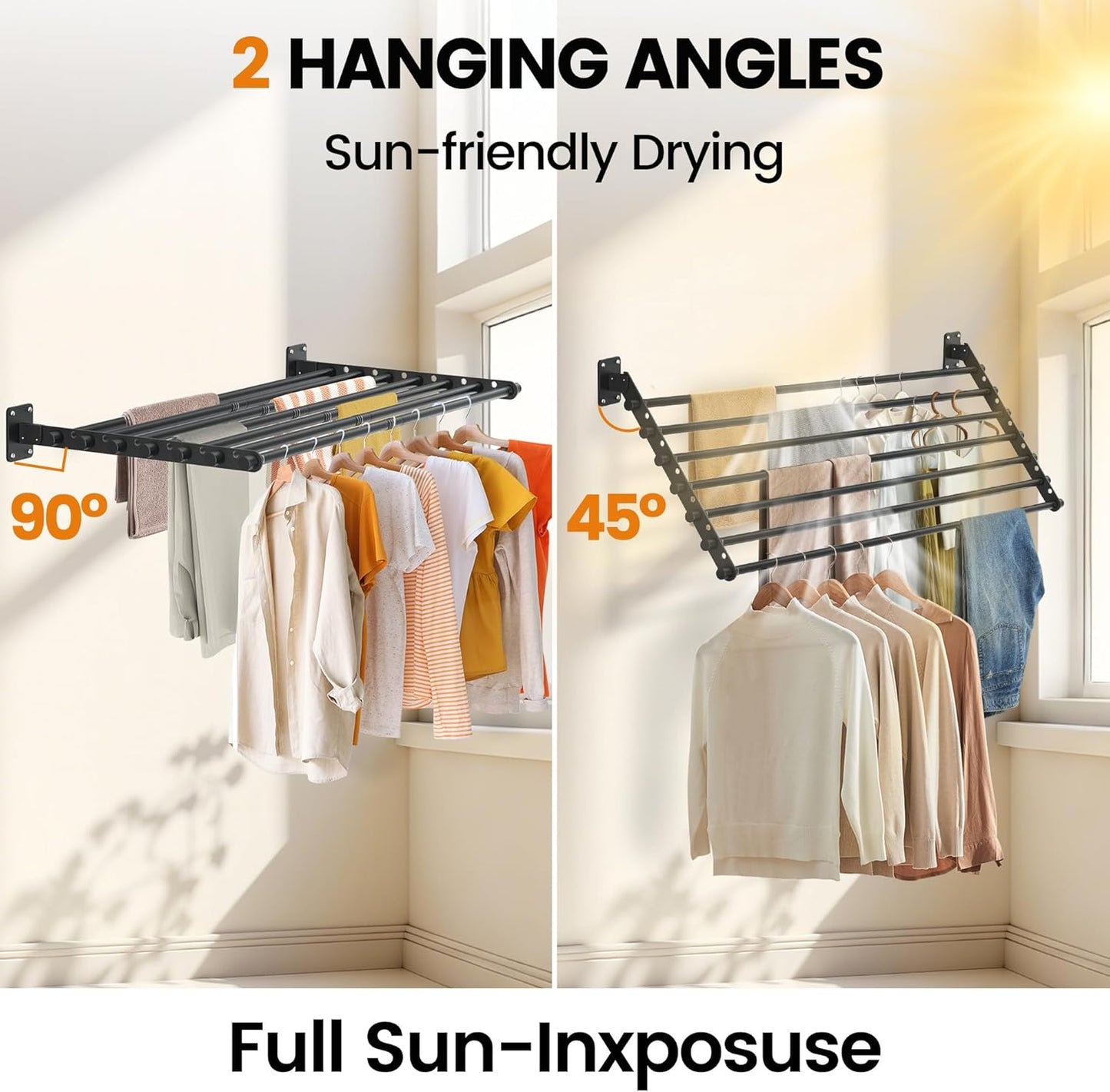 Wall Mounted Clothes Drying Rack 43 Inch – Foldable Laundry Drying Rack for Wall Mount, Space Saving Indoor Drying Rack for Clothes, Compact & Sturdy Design