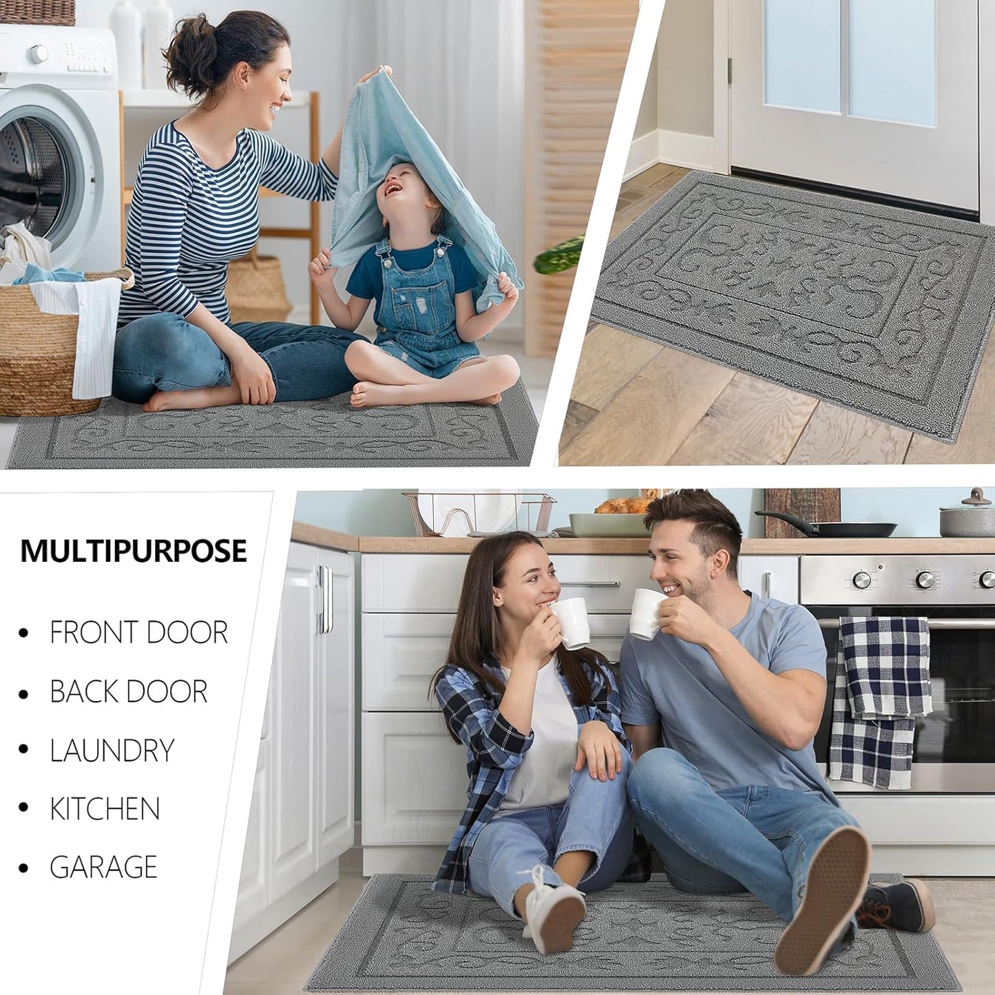 FONEYI Indoor Door Mat 36" x 59", Dirt Trapper Door Mats Non-Slip Entryway Rugs Washable, Absorbent Resist Dirt Welcome Mat, Low Profile Inside Floor Mats for Front Back Door and Entryway, Light Grey