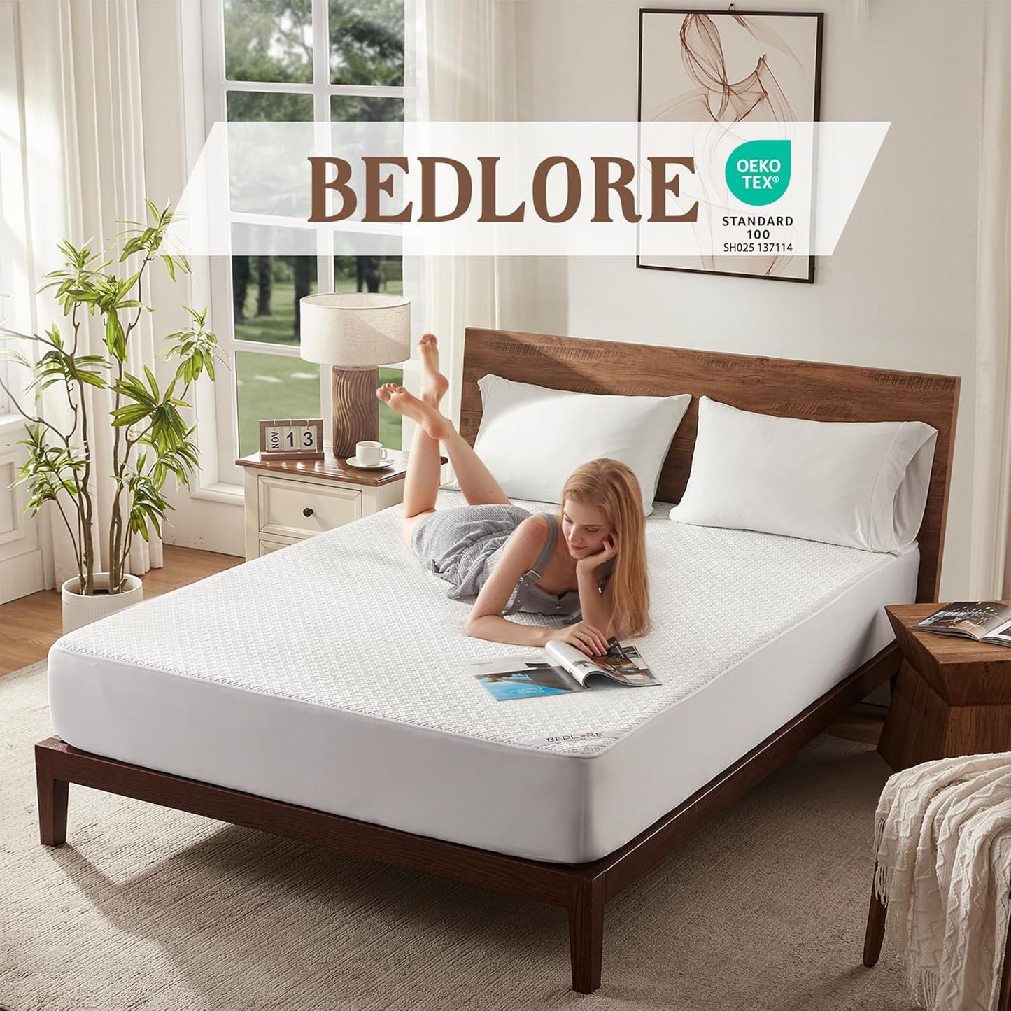 BEDLORE Queen Mattress Protector, Waterproof Noiseless Mattress Cover with Deep Pocket for 6-18 inches Mattress, Soft Breathable Mattress Pad Machine Washable (White)