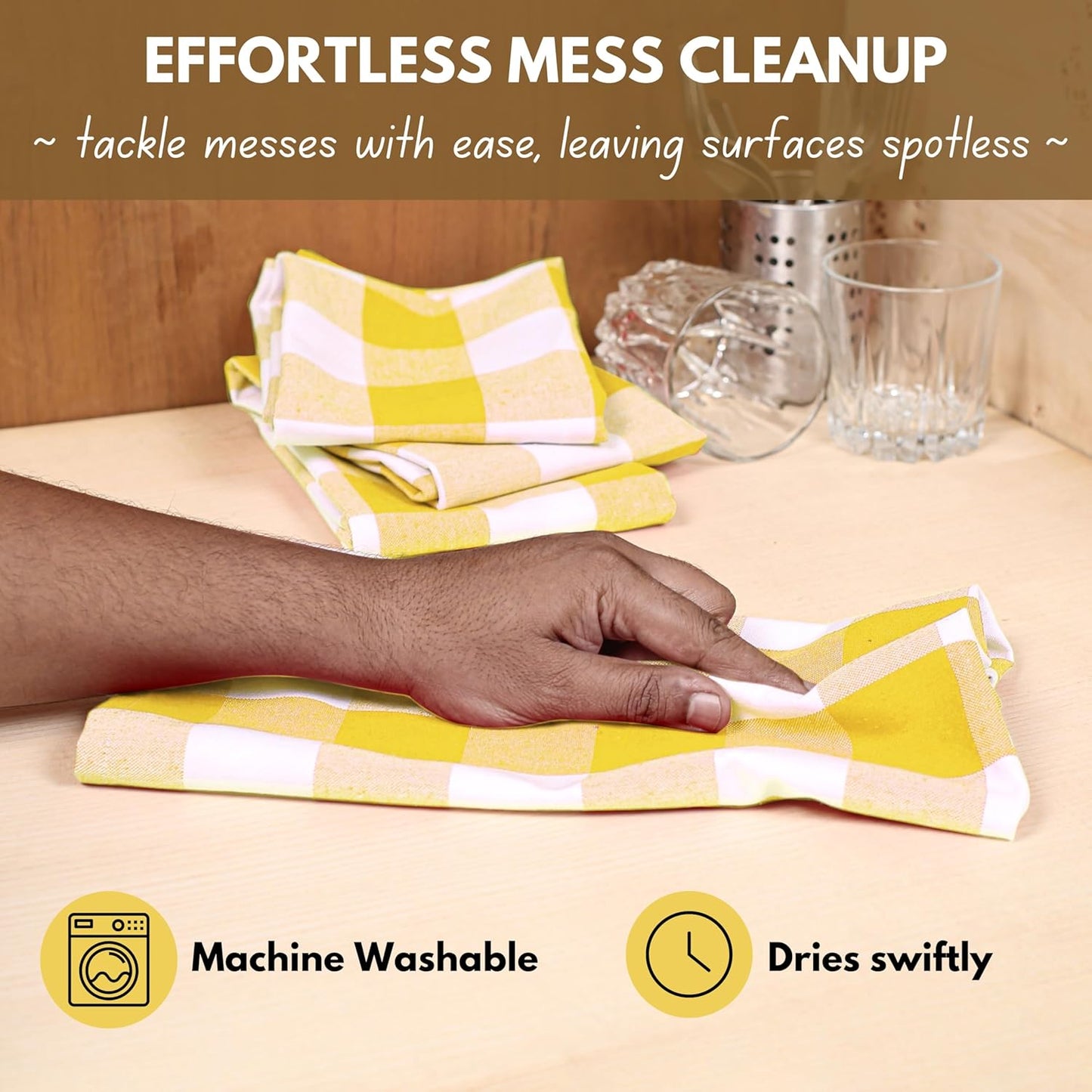 Native Fab Yellow Buffalo Dish Towel 16"x26", Set of 12 - Cotton Plaid Towels, Soft Absorbent Dishcloths with Hanging Loop, Kitchen Towels for Quick Drying - Yellow White