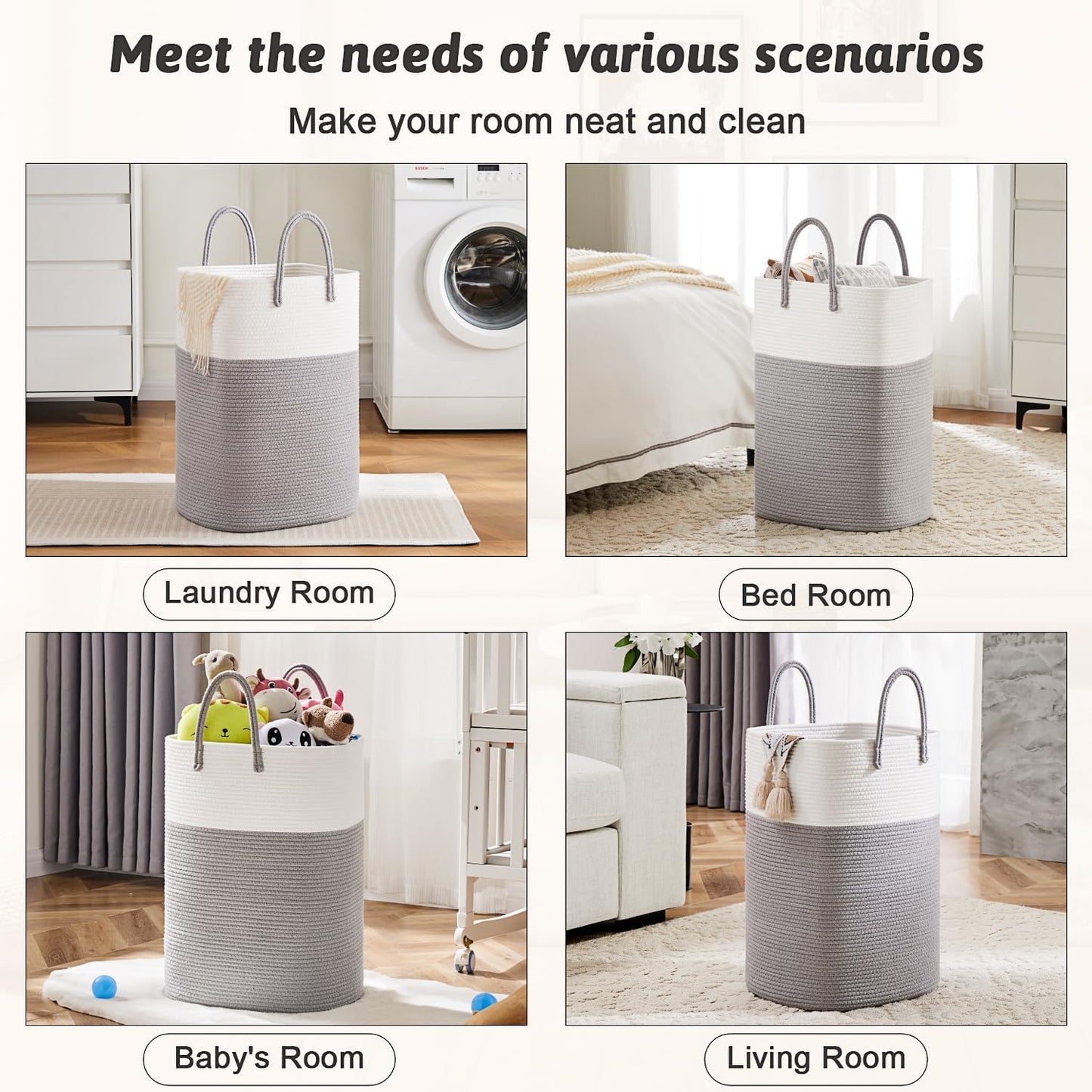 Laundry Basket,Woven Cotton Rope Laundry Hamper,Versatile Storage for Dirty Clothes,Baby Toys,and Blankets in Bathroom, Nursery,and Living Room (Grey, 100L)