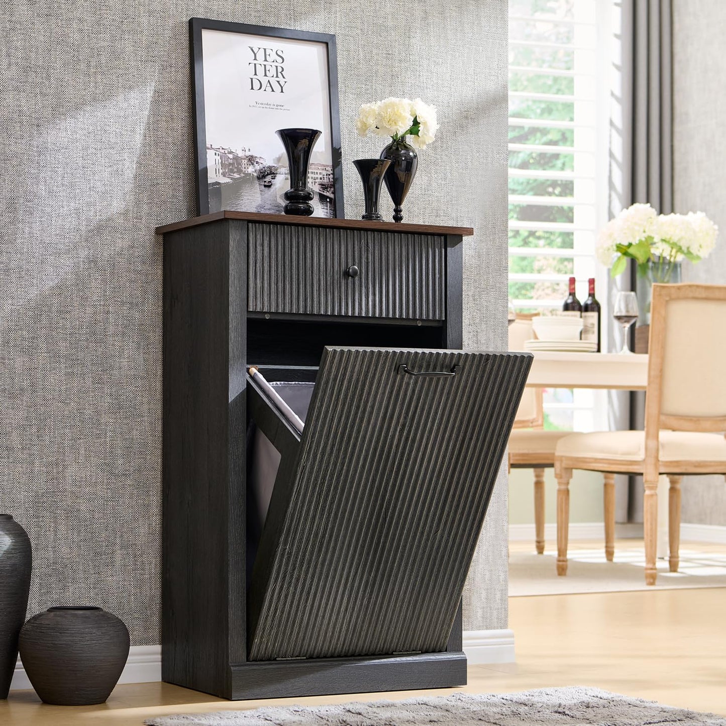 Modern Tilt-Out Trash Can Cabinet, 10 Gallon Fluted Laundry Hamper Cabinet with Drawers, Wooden Hidden Garbage Can Cabinets with Storage Basket, Free Standing for Kitchen and Living Room, Grey