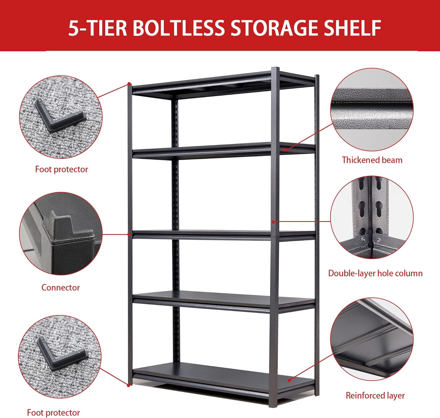 78" H Garage Shelving, Metal Storage Shelves, 3000LBS Heavy Duty Shelving, Adjustable 5 Tier Storage Rack, Industrial Utility Shelf for Garage, Warehouse, Kitchen,18" D×47.5" W×78" H, Black