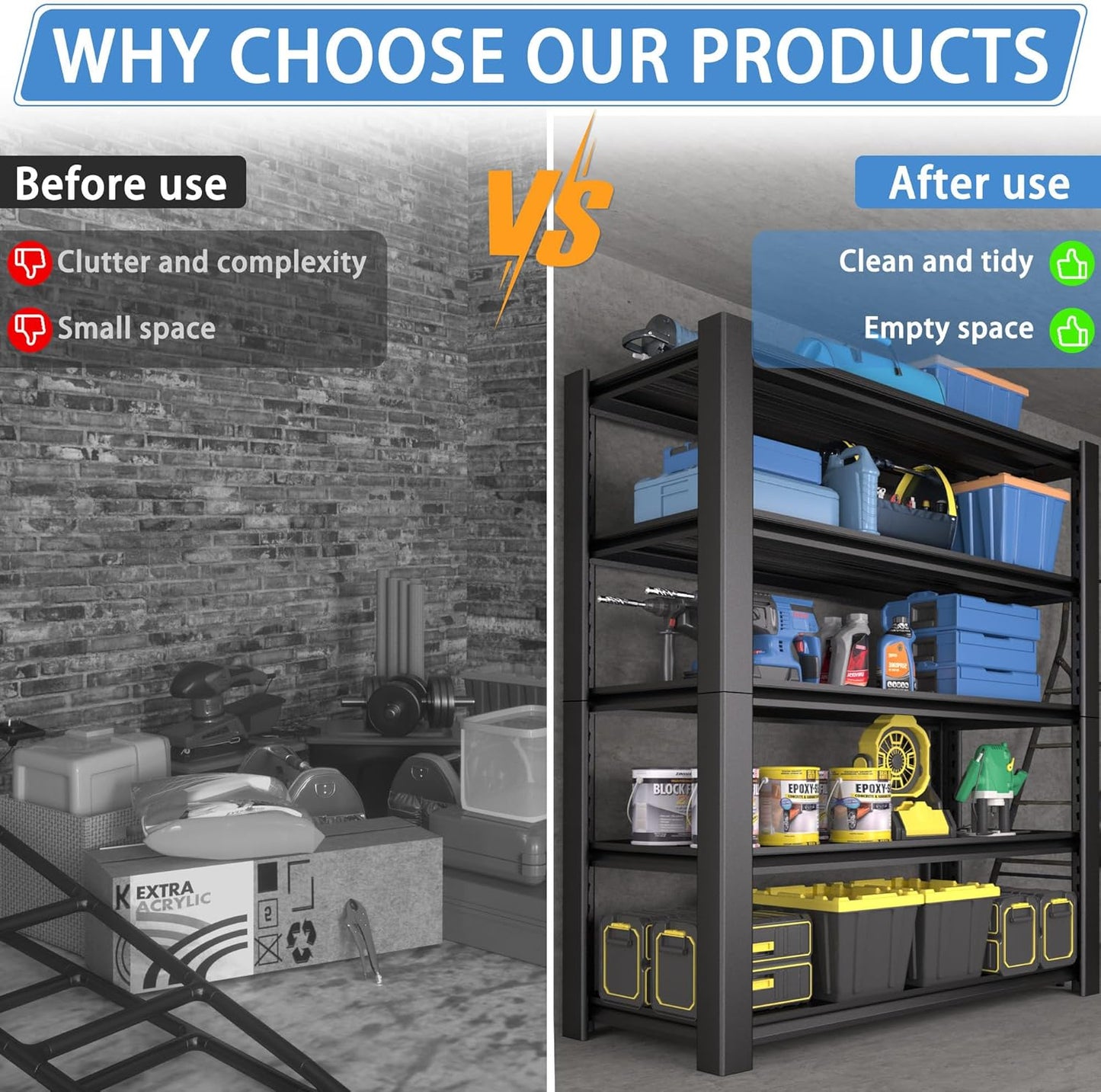 5-Tier Garage Shelving Heavy Duty, 3000 LBS Capacity Metal Storage Rack 24" D x 60" W x 76" H, Adjustable Steel Shelves Unit for Garage, Warehouse, Basement, Pantry, Workshop.1 Pack