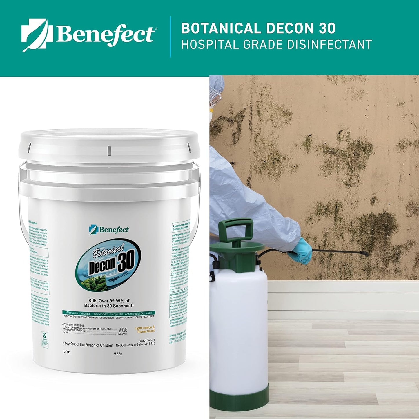 Benefect Botanical Decon 30 Disinfectant Cleaner, 5 Gallon, Light Lemon & Thyme Scent, Hospital Grade Disinfectant, Kills Over 99.99% of Germs, Safe for Food-Contact Surfaces