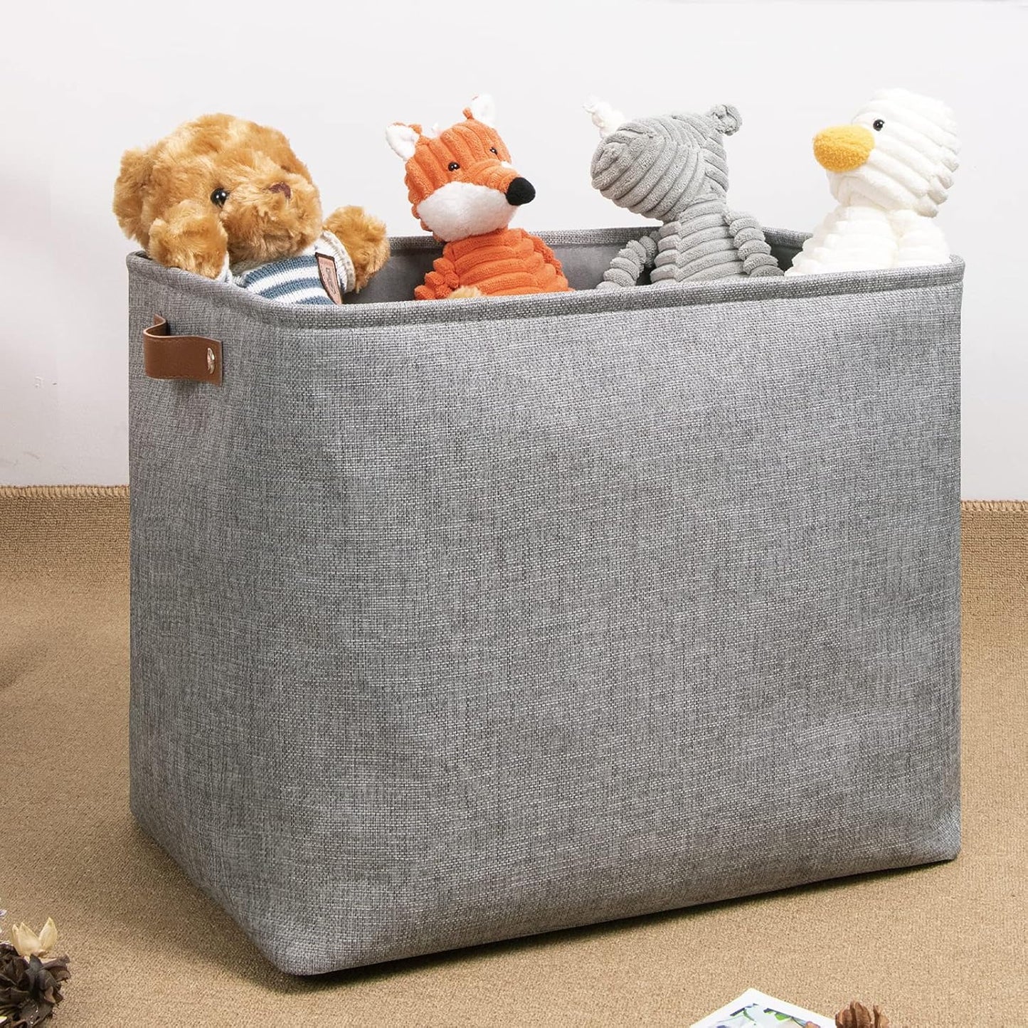 DULLEMELO Large Collapsible Storage Basket/Bin with Sturdy Leather Handles, Fabric Organizer Bin for Storage Clothes, Toys, Books, Office, Bedroom, Closet, Nursery & Laundry (Gray)
