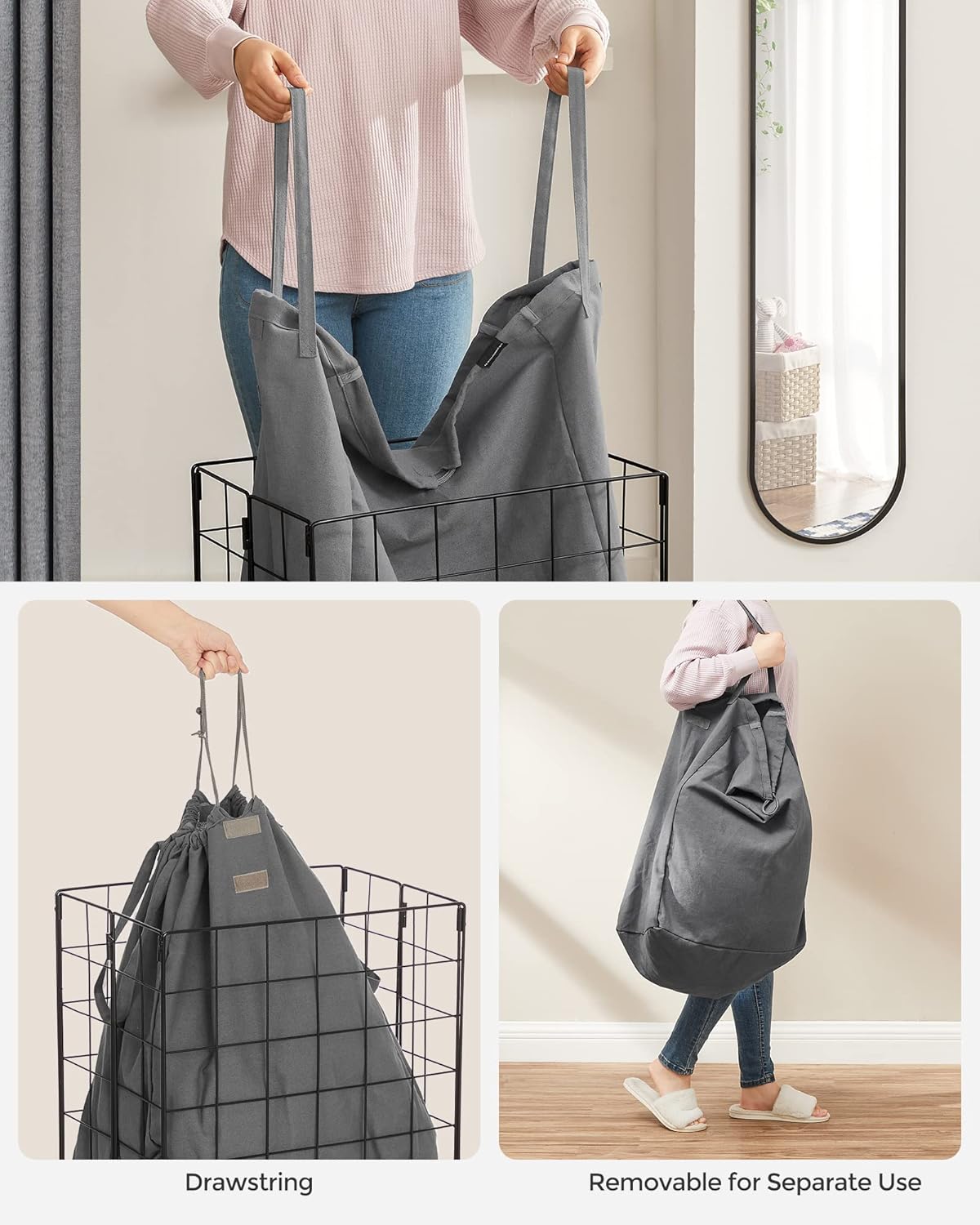 SONGMICS Laundry Hamper, 23.8 Gal. (90L) Laundry Basket, Collapsible Clothes Hamper, Removable and Washable Liner, Metal Wire Frame, for Bedroom Bathroom, Black and Gray ULCB190G01