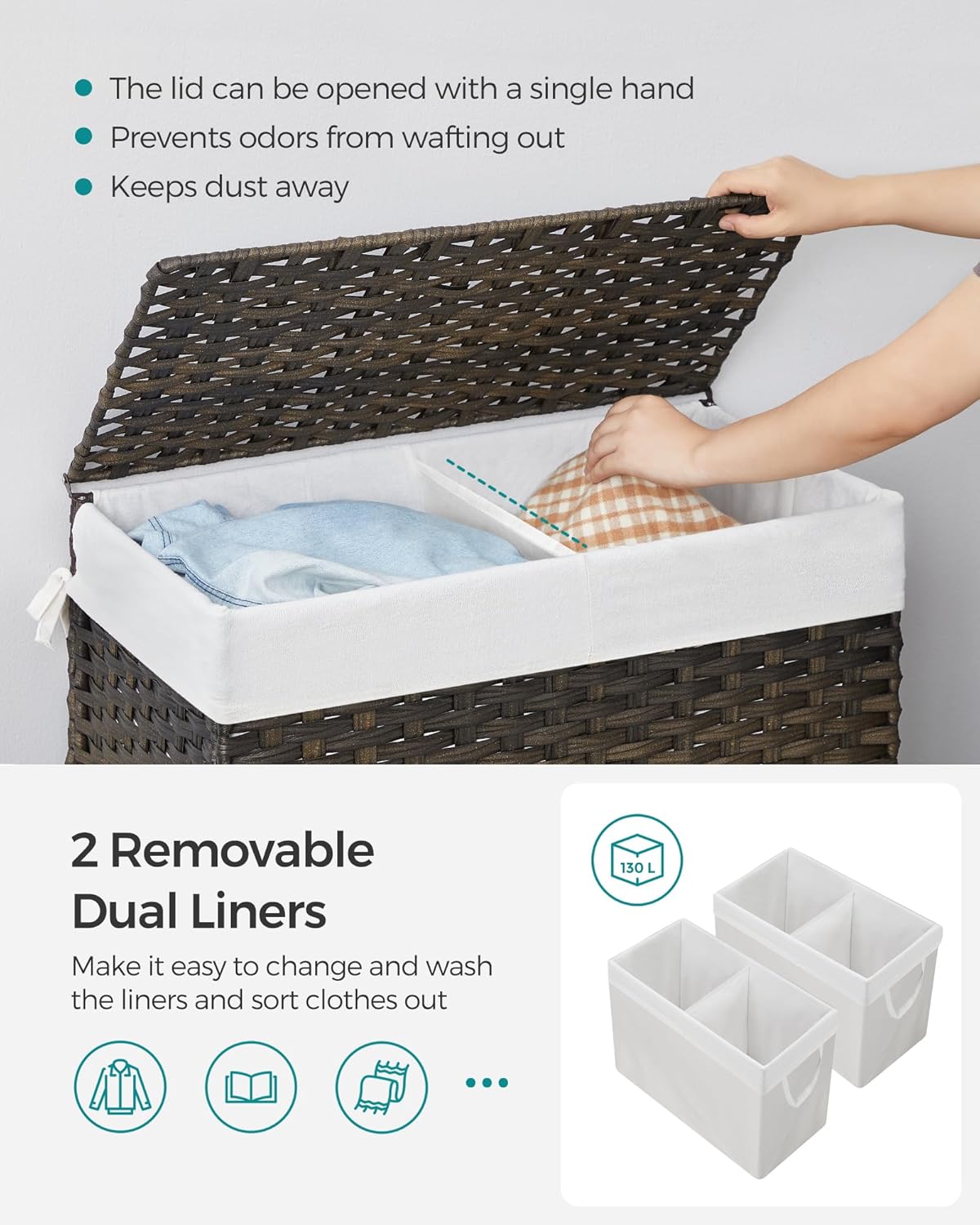 SONGMICS Laundry Hamper with Lid, 130L Clothes Hamper with 2 Removable Liner Bags and 6 Mesh Bags, Wicker Laundry Basket, Double Laundry Hamper for Bathroom, 13 x 26 x 23.6 Inches, Brown ULCB253K01