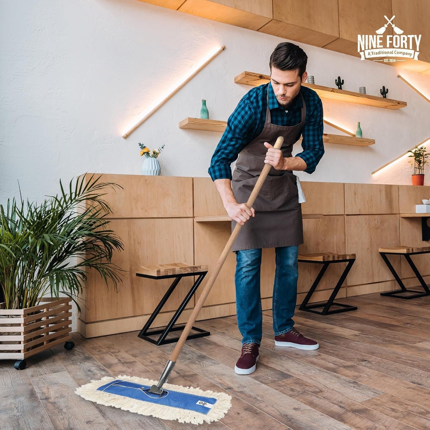 Nine Forty 36" Premium Cotton Dust Mop Kit - Heavy Duty Mop Head with Wood Handle for Industrial, Commercial, and Residential Cleaning - Dry Floor Duster for Hardwood Surfaces - White