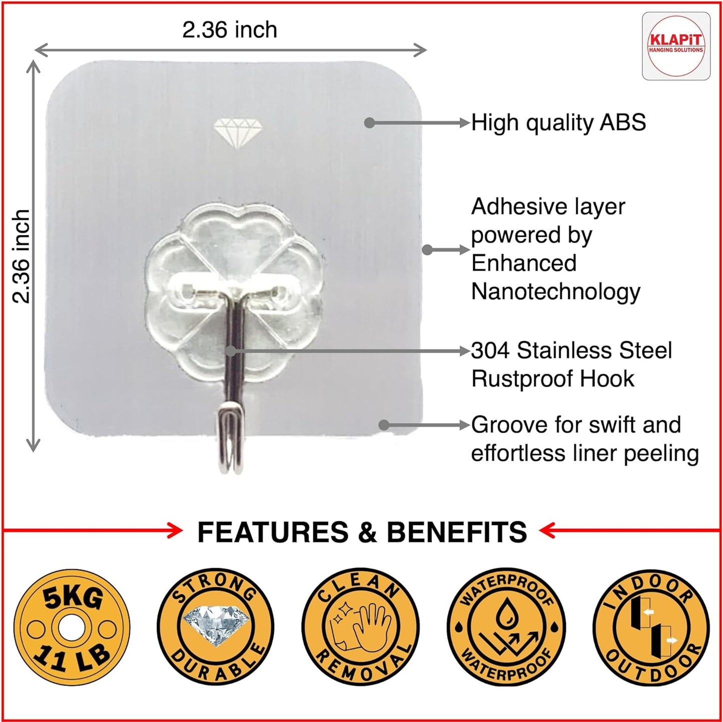 KLAPiT Super Hook - Heavy-Duty Adhesive Wall Hooks, Holds Up to 11 lbs, Waterproof, No Damage, Easy Install on Tile, Wood, Stone, Glass & Metal - Made of Steel (Clear, 24pc)