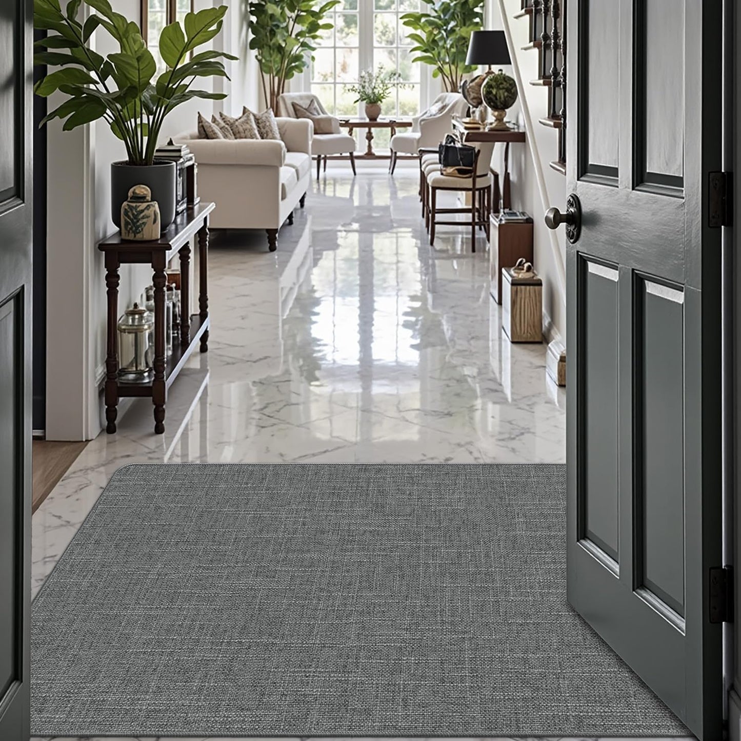 LUMI Ultra Thin Door Mat for Entryway, Low Profile Non Slip Rubber Backing Indoor Doormat, Easy Clean Welcome Entrance Mat for Inside House, Patio, Greenish Grey 20"x32"