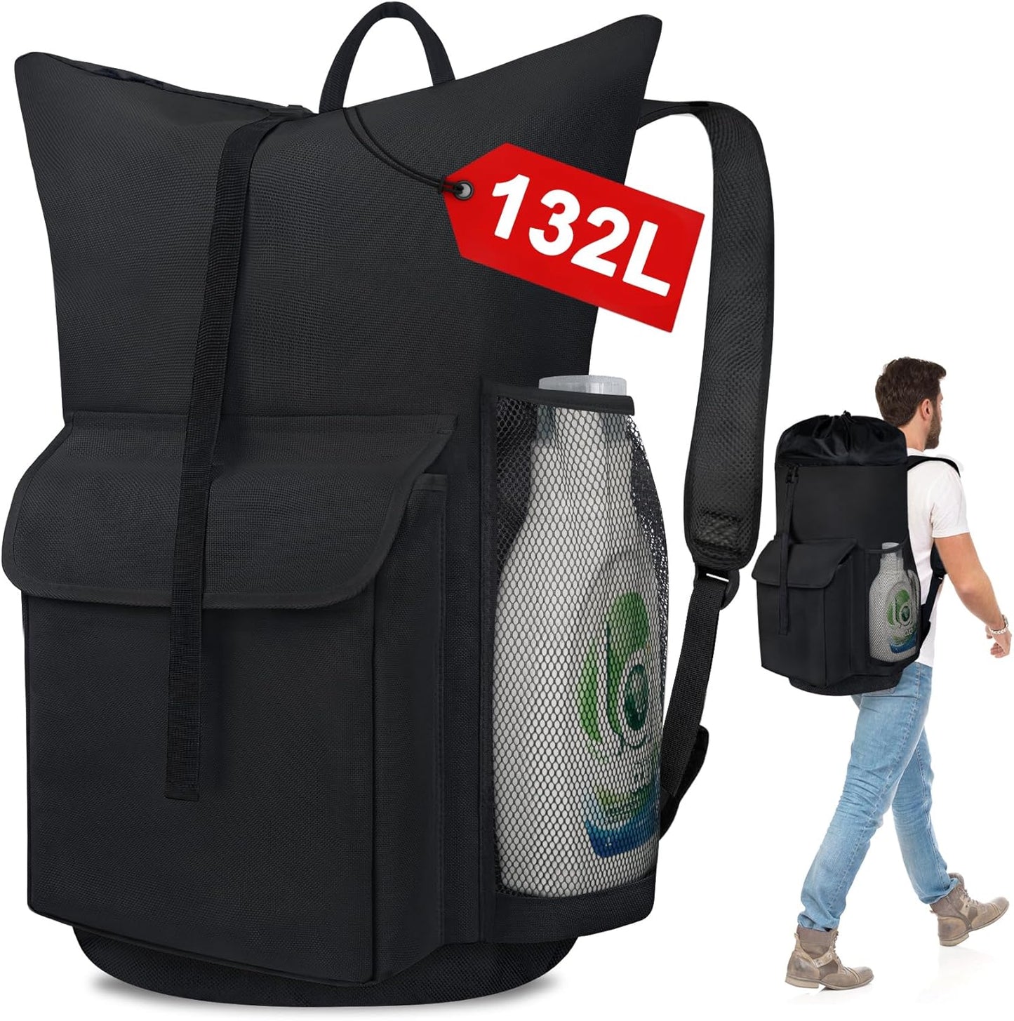 Laundry Backpack Bag, 132L Extra Large Heavy Duty Laundry Backpack for College Dorm Essentials, Laundry Hamper Travel Bag with Shoulder Straps and Mesh Wash Bags for Laundromat, Apartment Black
