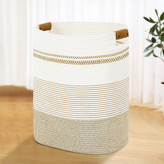 Laundry Basket with Handles - Blanket Basket & Hampers for Bedroom Aesthetic, Laundry Hamper & Blanket Storage for Living Room, Clothes Hamper, Tall, Large 17" x 14" x 22”, Light Brown & White