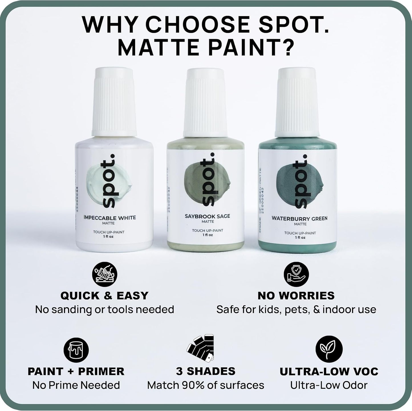 spot. Touch-Up Paint | Matte Finish for Cabinets, Walls, Doors & Furniture | Multi-Tone Green Repair Kit | Quick-Dry, Self-Priming, Low-Odor, Eco-Friendly | No-Sanding or Primer Needed | 3 Pack