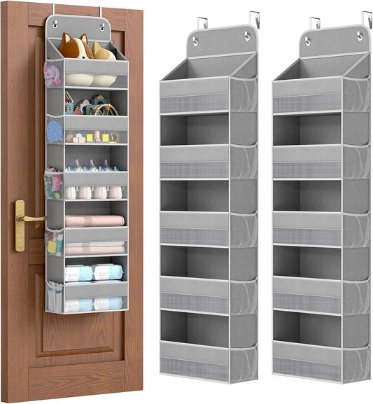 LAMU 5 Tier Over the Door Organizer Hanging, 5 Large Pockets and 10 Side Pockets Behind Door Storage for Baby Toys, 44lbs Back of Door Organizers Shelf for Closet, Nursery and Bathroom, 2 Pack (Grey)