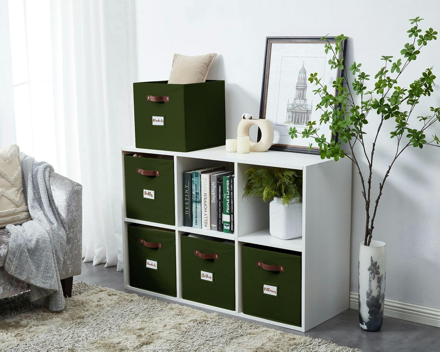 DECOMOMO Storage Baskets, 13x15x13 Storage Cube Bins with Labels for Organizing Shelves Kallax (Kallax / 4pcs, Olive Green)