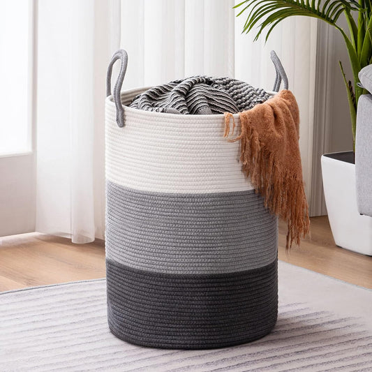 YOUDENOVA Woven Rope Laundry Hamper Basket, 58L Tall Luandry Basket, Baby Nursery Hamper for Blanket Storage, Clothes Hampers for Laundry in Bedroom-Large-Dark Grey