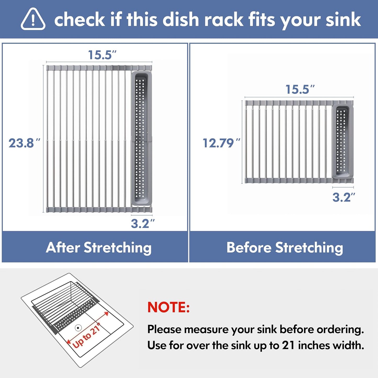 JASIWAY Over The Sink Dish Drying Rack for Kitchen, Expandable (12.8"-23.8" D x 15.5" W) Roll Up Dish Drainer with The Function of Fordable, Rust Proof, Large Sink Cover with Removable Utensil Holder