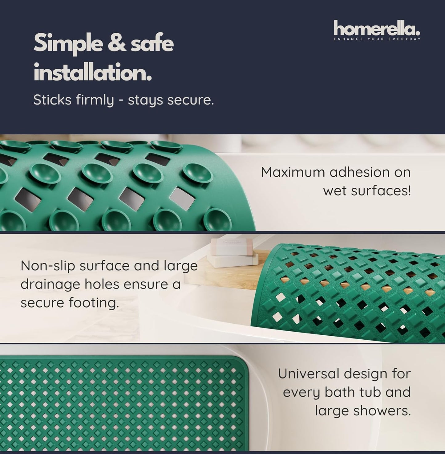 homerella® Bathtub Mat Non Slip 35x16, Incl. Hooks for Drying, Extra Long, 100% BPA Free, Shower Mat Non Slip Anti Mold, Machine Washable, Shower Mats for Inside Shower Mildew Resistant