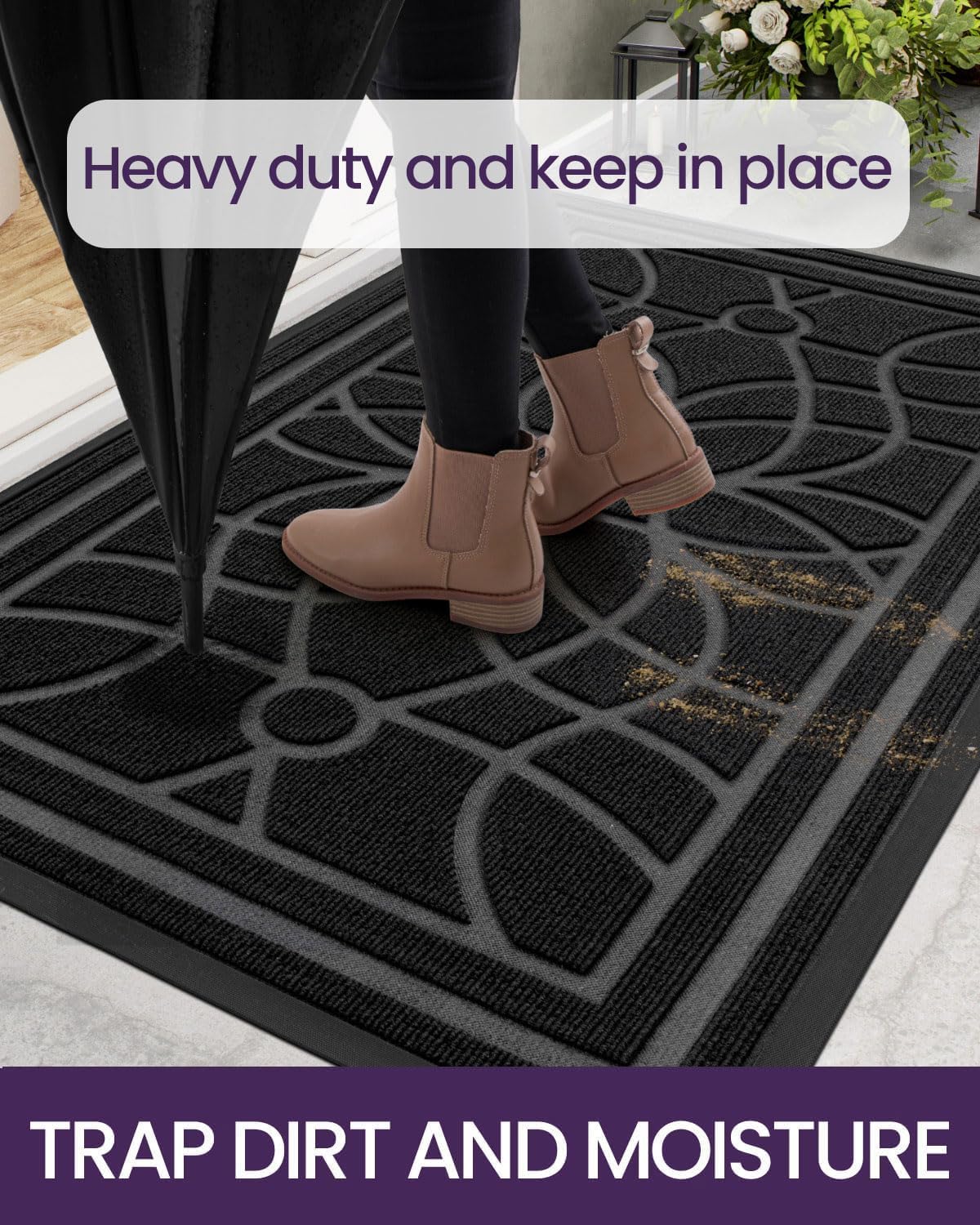 DEXI Front Door Mat Outside Entrance, Heavy Duty Non Slip Low Profile Doormat for Entryway, Trap Dirt and Moisture Welcome Mats, Easy Clean, Patio, Garage, 4x2, Black