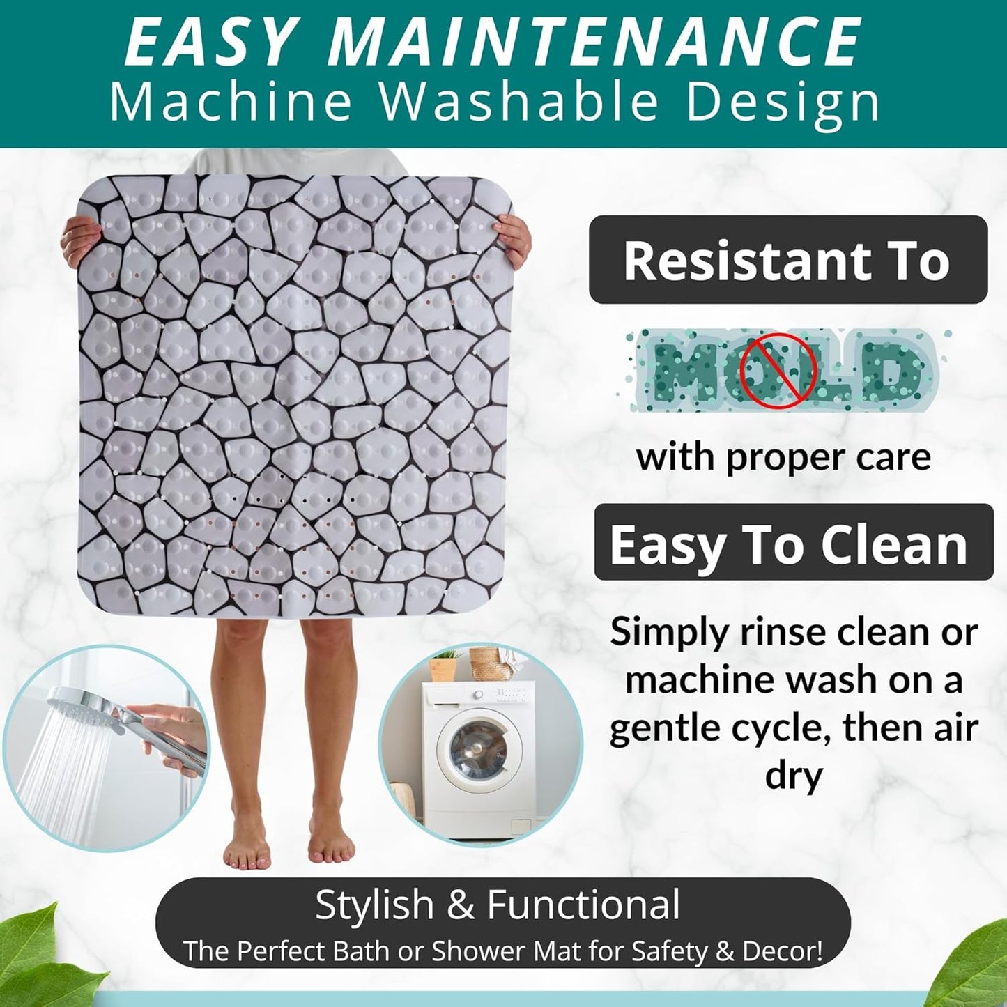 ENKOSI Extra Large Square Non Slip Shower Mat - 31 x 31-inch XL Bathroom Shower Mat - Square Shower Matts for Shower Stall Floors | Secure Suction Cups and Drain Holes (31x31 Pebble)