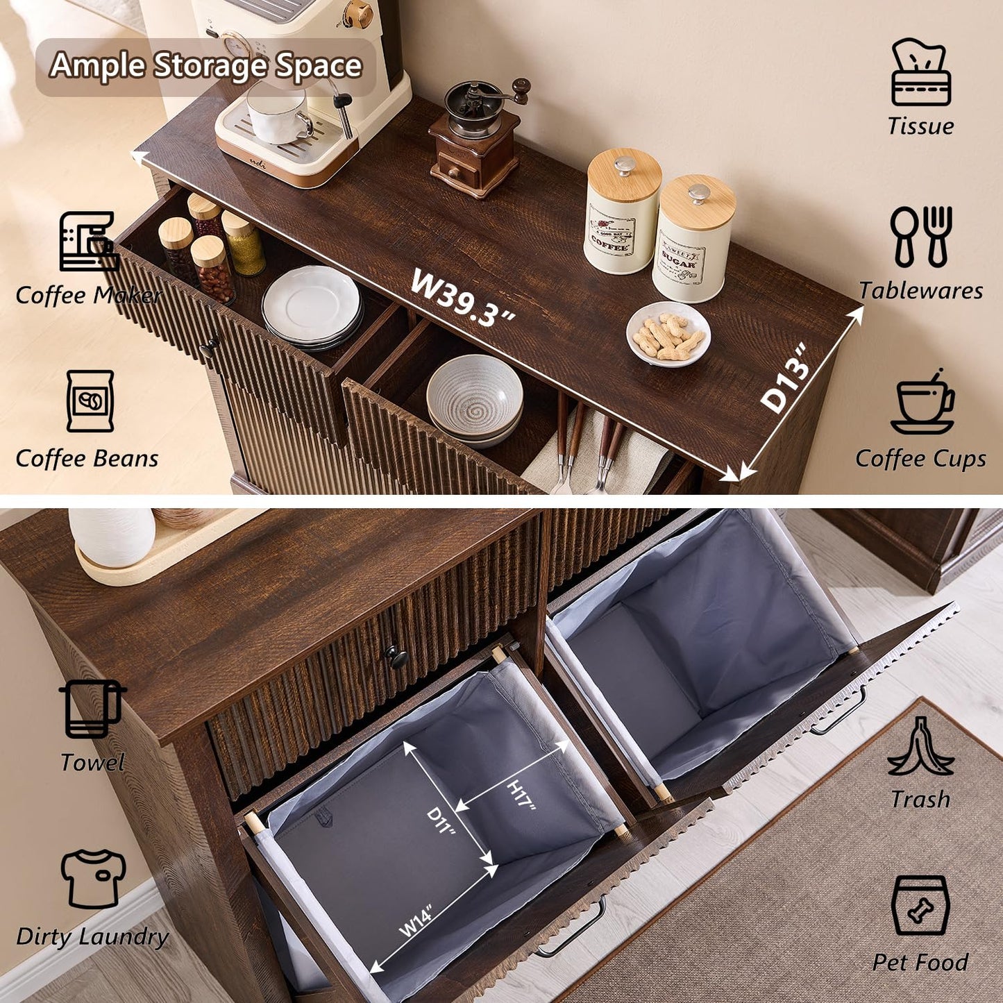 Modern Double Tilt-Out Trash Cabinet, 20 Gallon Fluted Laundry Hamper Cabinet with 2 Drawers, Wooden Hidden Garbage Can Cabinet w/Storage Basket,Free Standing for Kitchen & Living Room, Brown