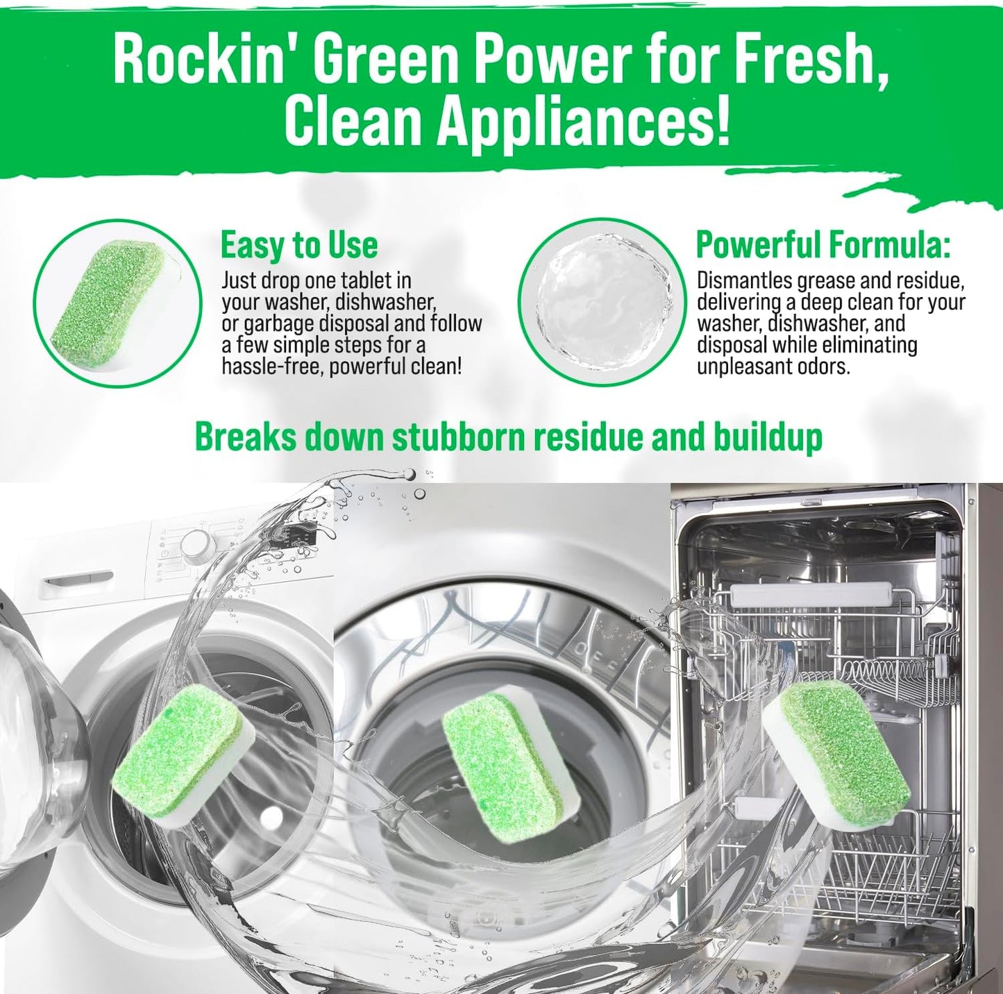 Rockin' Green Deep Cleaning and Deodorizing Tablets for Dishwashers, Washing Machines, and Garbage Disposals, Removes Odor and Residue (Multi-purpose Cleaning Tablets, 24 Pack)