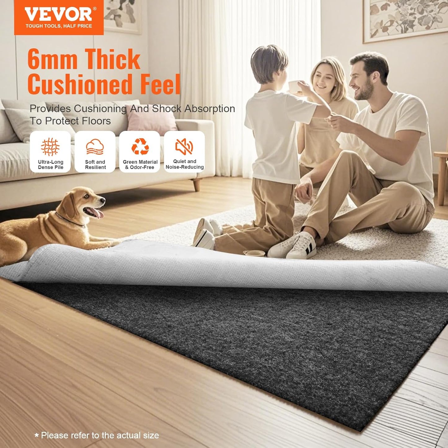 VEVOR - Slip-Resistant Rug Pad - Protective Cushioning Carpet Pad - 5' x 8' - 1/4" Thick - Dual Surface - Polyester Felt + Latex - Gray - 3-4㎡ Area Carpet Padding Rug Cushion Safe for All Floors
