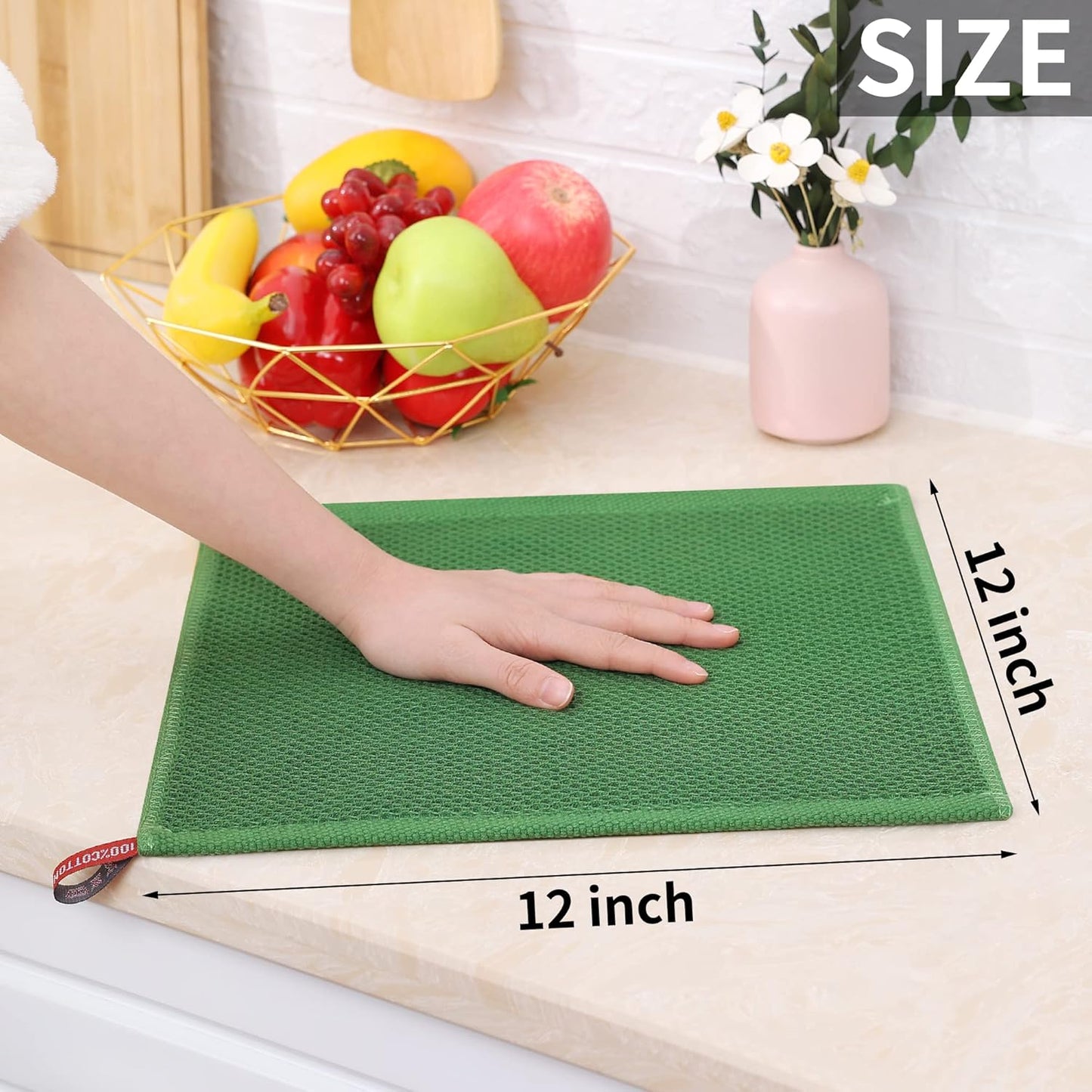 Homaxy 100% Cotton Waffle Weave Kitchen Dish Cloths, Ultra Soft Absorbent Quick Drying Dish Towels, 12 x 12 Inches, 12-Pack, Grass Green