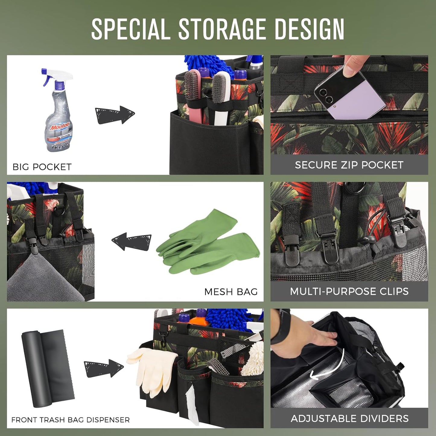 Wearable Cleaning Caddy, Cleaning Caddy Supplies Organizer with Handle & Shoulder Straps for Housekeepers, Under Sink & Car Cleaning Tool Organizers Bag with 4 Foldable Divider (GreenBush)