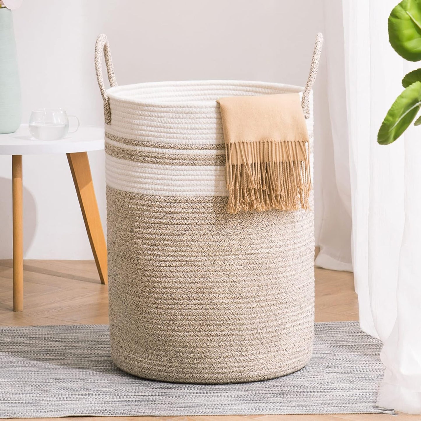 YOUDENOVA Woven Rope Laundry Hamper Basket, 72L Tall Luandry Basket, Baby Nursery Hamper for Blanket Storage, Clothes Hamper for Laundry in Bedroom-Large-Brown