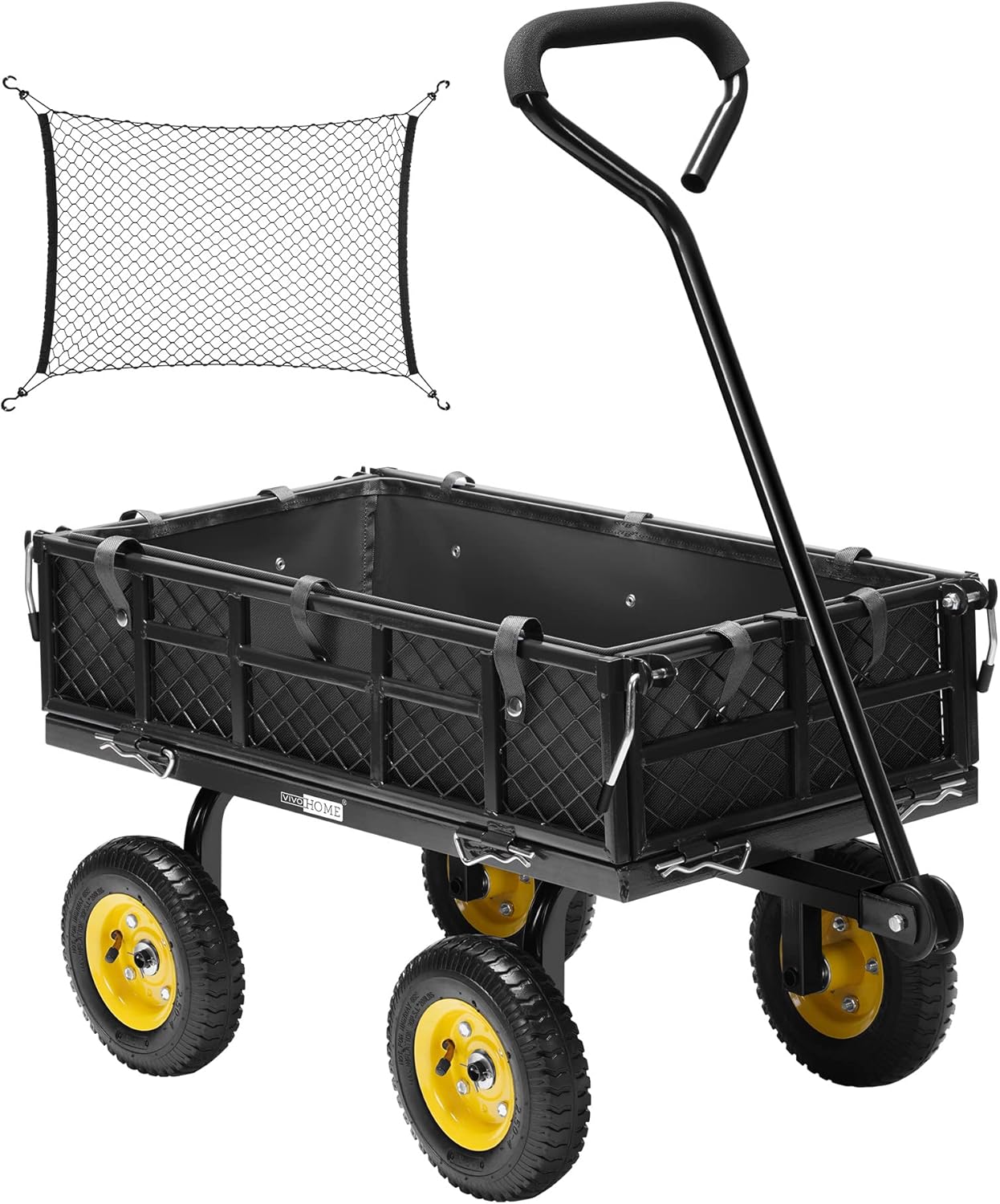 VIVOHOME Heavy Duty 400 Lbs Capacity Mesh Steel Garden Cart Folding Utility Wagon with Removable Sides Black