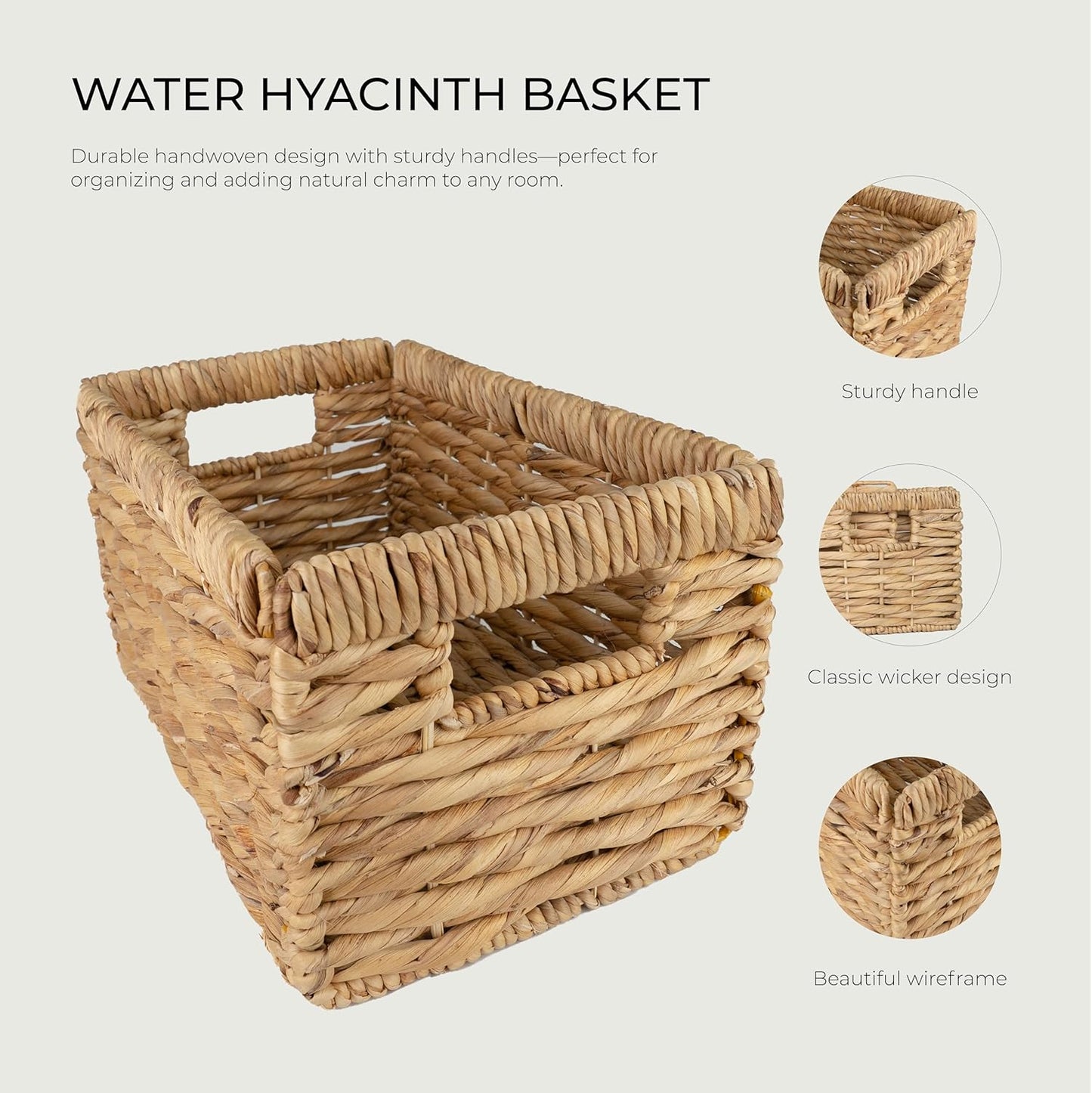 Wicker Basket For Shelves, Baskets for Organizing, Woven Storage Basket with Built-in Handles (Medium 2-Pack, Natural Water Hyacinth)