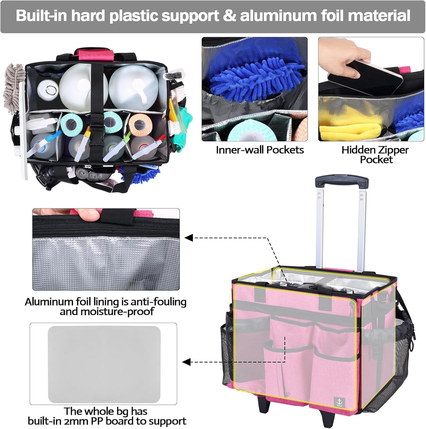 Extra Large Rolling Cleaning Caddy Bag with Detachable, Foldable Trolley Portable Cleaning Cart for Housekeeping Cleaning Caddy with Adjustable Shoulder Strap and Multiple Storage Pockets
