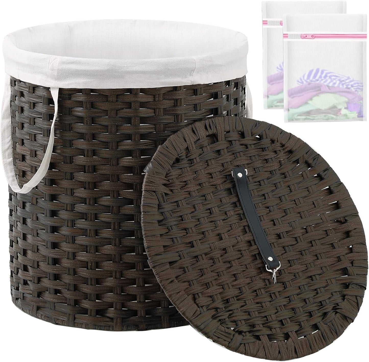 Laundry Hamper with Lid Wicker Laundry Hamper Round 26.5 Gal (100 L) Laundry Basket Handwoven Rattan Laundry Basket with Removable Bag Handles 2 Mesh Bags for Living Room Bedroom Brown
