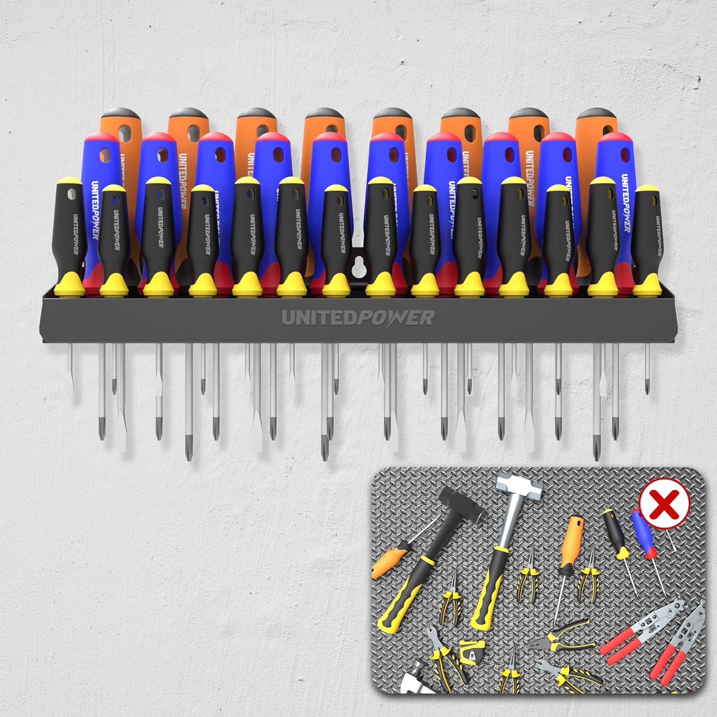 UNITEDPOWER Screwdriver Holder, Wall Mount Storage Rack Organizer for Workshop, Shed, Garage, Home, Stores up to 32 Screwdrivers or Small Tools