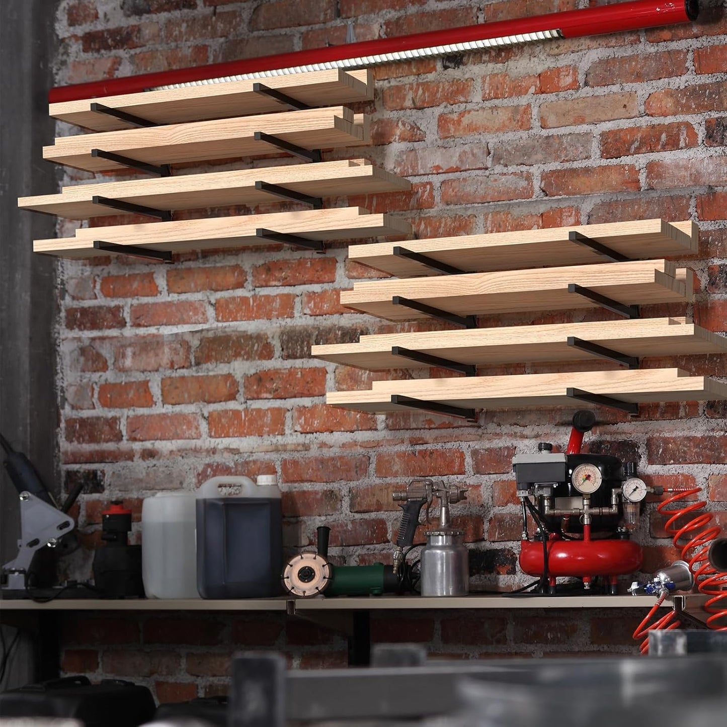 NANANARDOSO Wall Mount Wood Organizer and Lumber Storage,Heavy Duty Metal Shelf with 4-Level,Lumber Metal Racks for Indoor and Outdoor Use,2 Pack