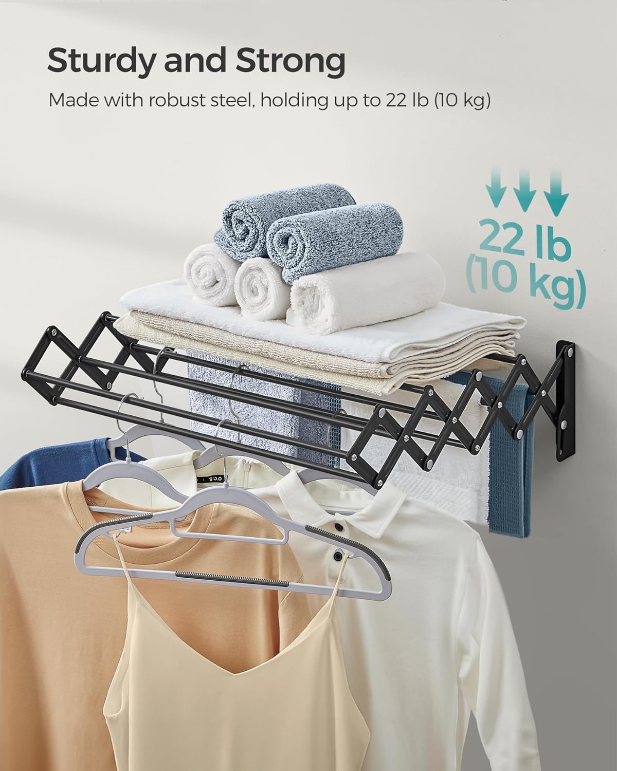 SONGMICS Clothes Drying Rack, Wall-Mounted Drying Rack Clothing, Small Accordion Laundry Rack, 9 Staggered Hanging Rods, Expandable and Retractable, Ink Black ULLR802B01
