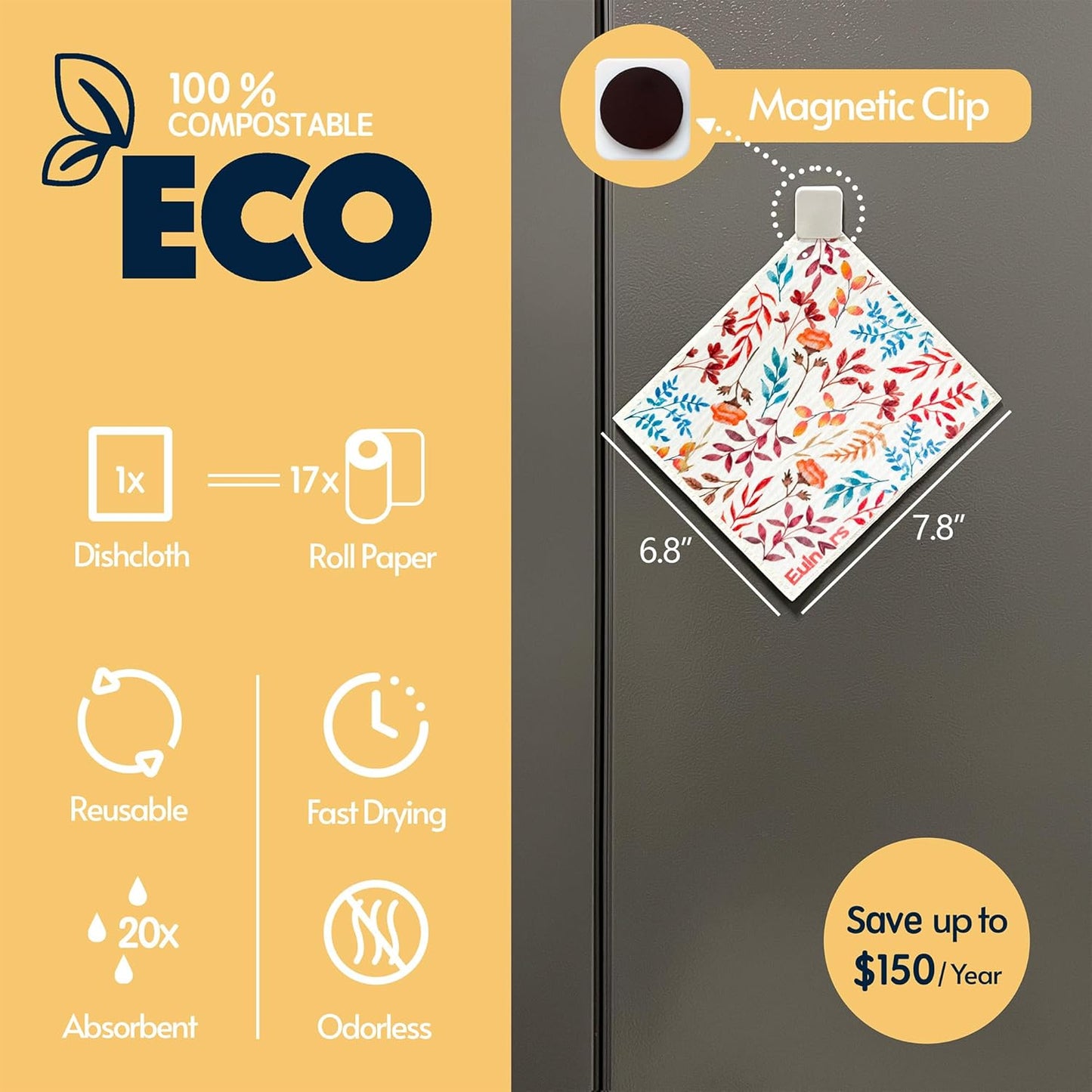 Swedish Dishcloths for Kitchen, 8 Pack Watercolor Reusable Paper Towels with Clips, Non-Scratch Swedish Kitchen Towels, Super Absorbent Cellulose Sponge Cloths, Dishwasher Safe, No Odor