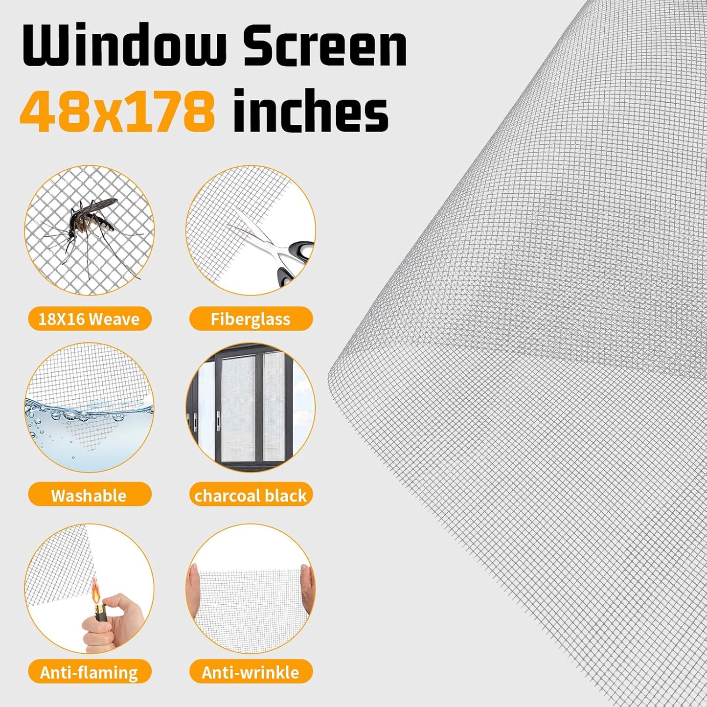 Window Screen Replacement,Screen Door Repair Kit, 48"x178" Grey Window Screen Mesh,Including 50 FT Splines+Hooks+2 Rollers+8 Clips+Scissors+Knife+Tape Measure,Fully Equipped Window Screen Repair Kit