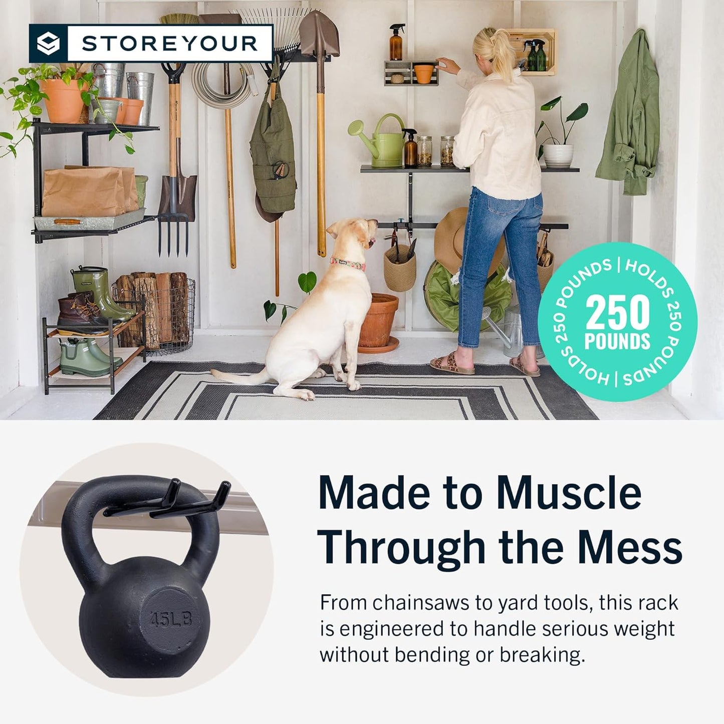 StoreYourBoard Wall-Mounted Rack With 4 Garage Hooks – Heavy-Duty Steel Holder Garage & Garden Storage for Shed, Workshop, or Home Organization – For Rakes, Shovels, Tools & More – 1 Pack, Mud