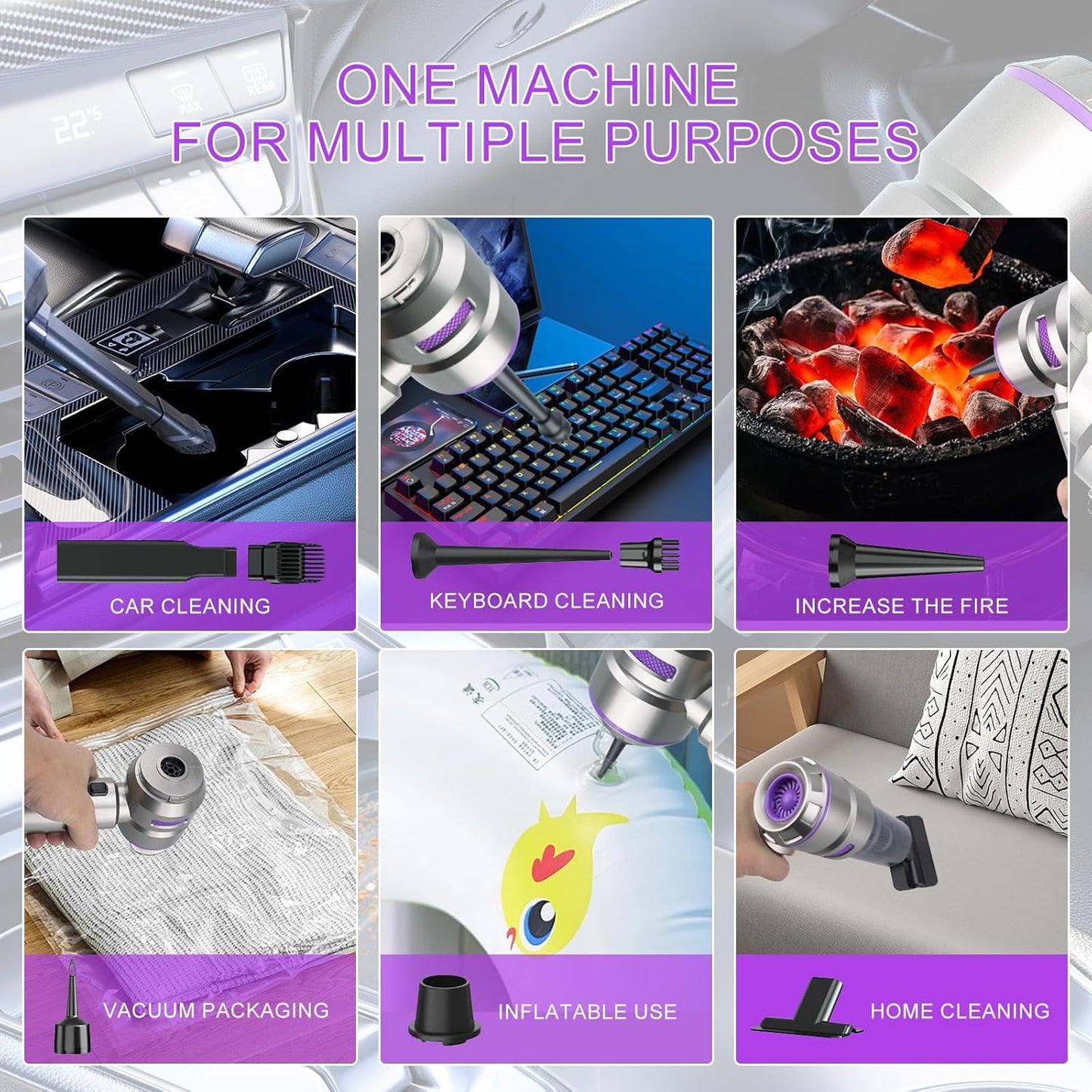 Car Vacuum Portable Cordless, 21000Pa Strong Suction Handheld Vacuum, 100W Auto Vac for Car Detailing, Home, RV Camping Use with 6000mAh Battery, Type-C Fast Charge & Blower Function